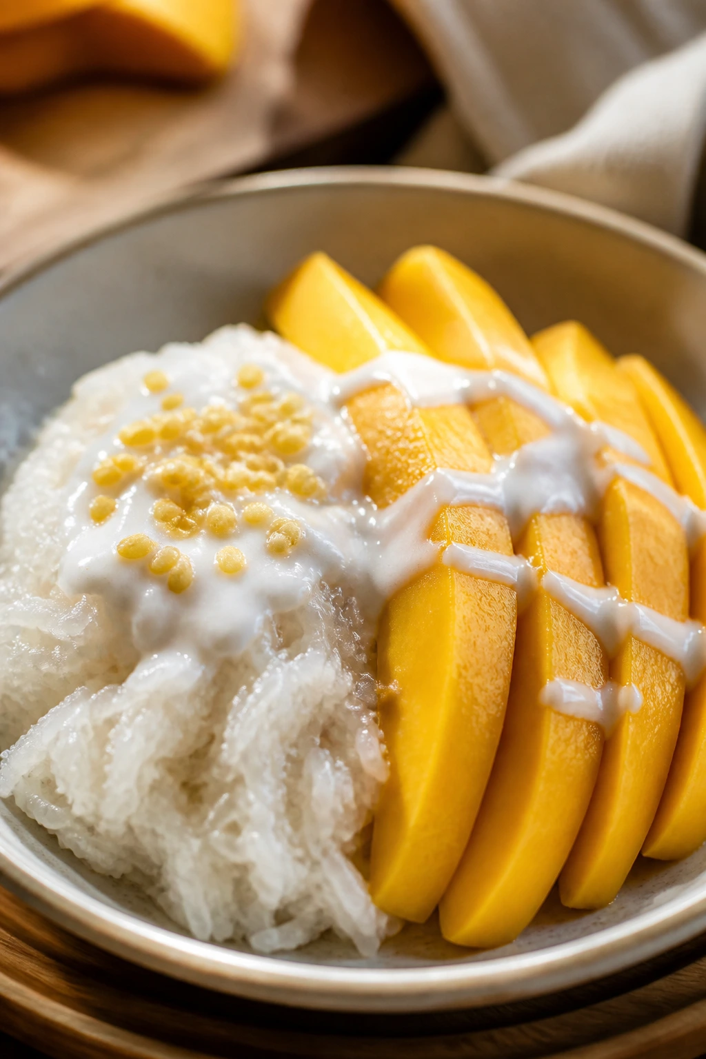Mango sticky rice with coconut cream and mango fan