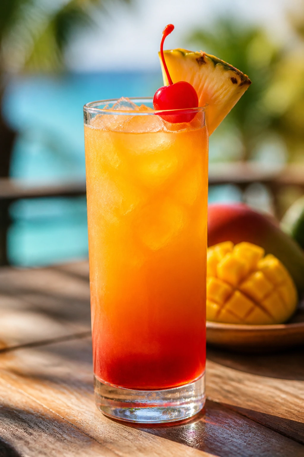Mango Sunrise variation in a clear glass with mango nectar layered under orange top on a sunny outdoor table.