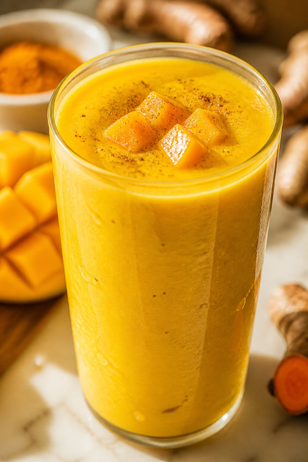 Close-up of bright yellow Mango Turmeric Glow Smoothie in a glass on a sunny counter