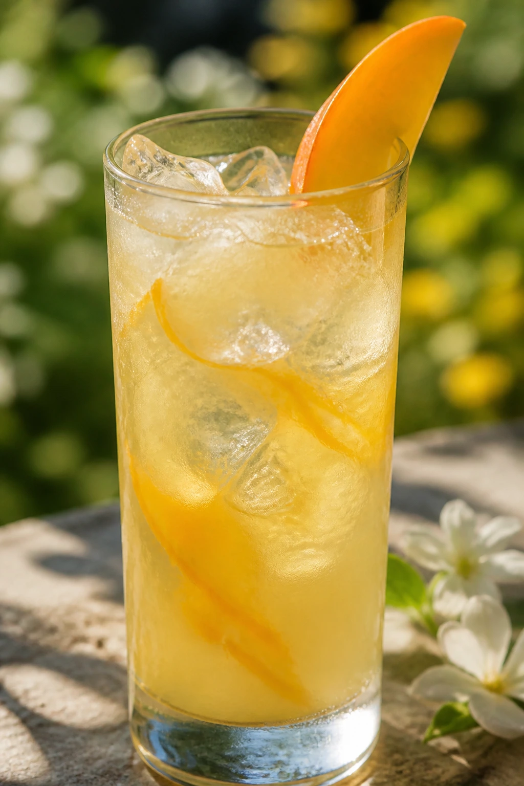 Close-up glass of mango white tea cooler with mango slice on rim