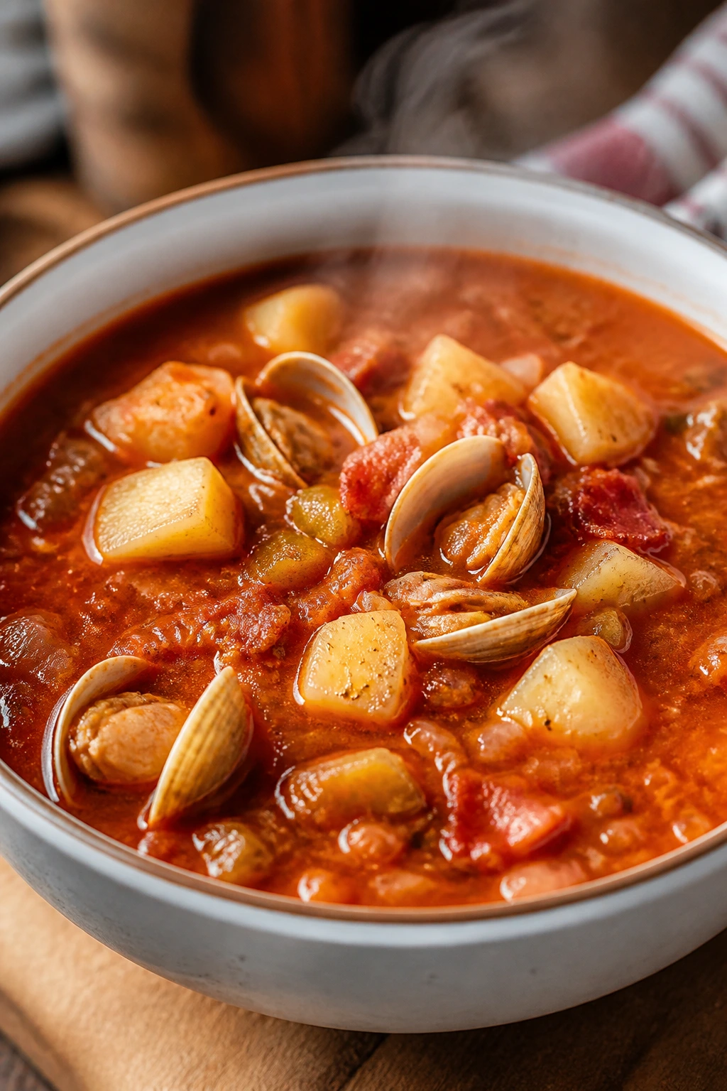 Bright tomato-based Manhattan clam chowder in a bowl