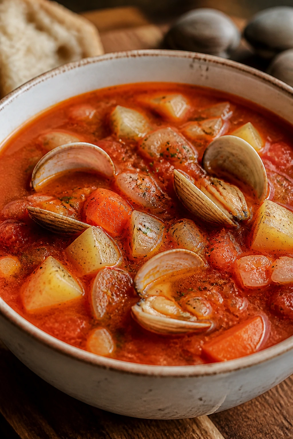 Close-up of Manhattan Clam Chowder in a bowl