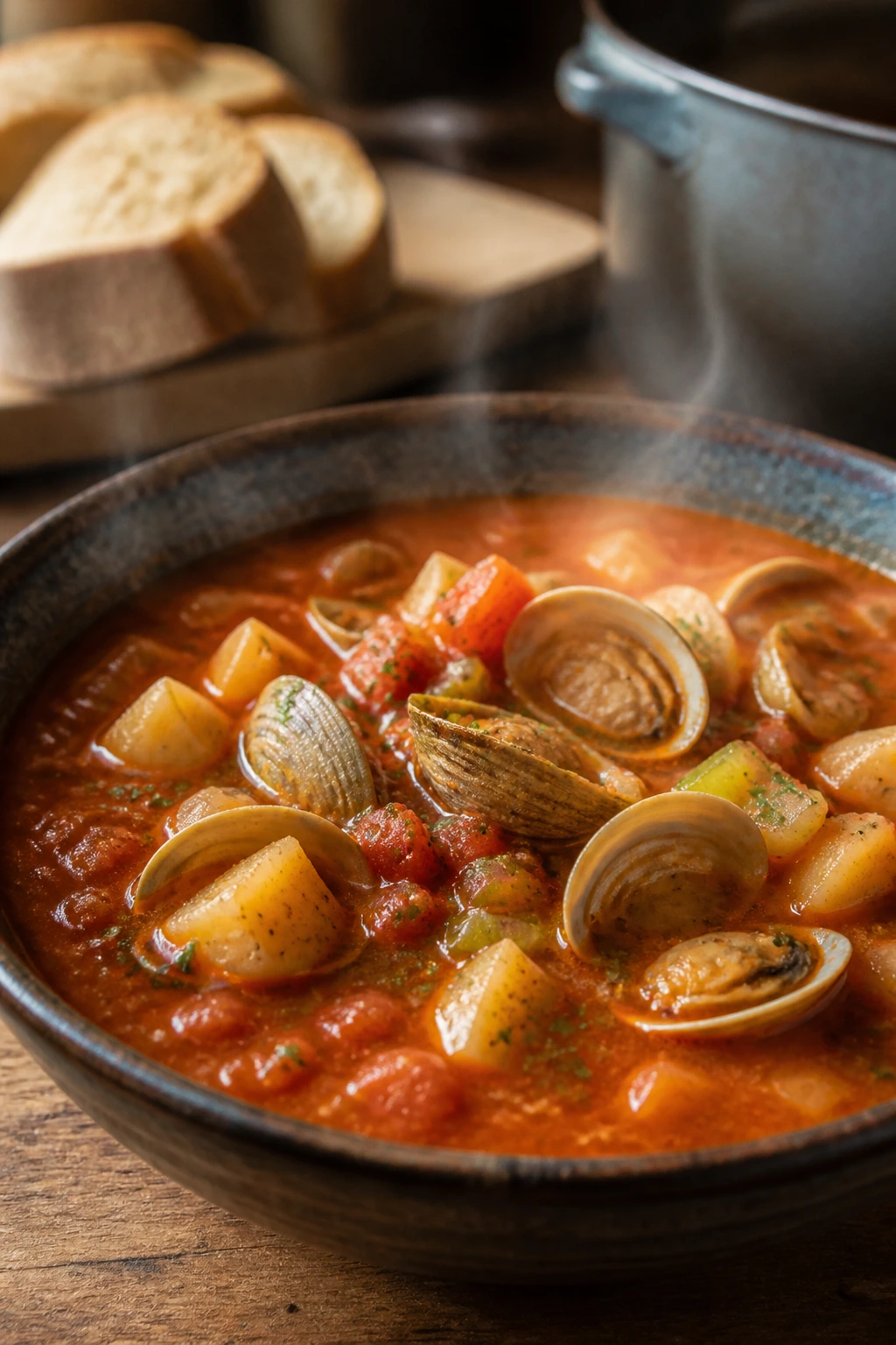 Close-up of Manhattan Clam Chowder in a red tomato broth with clams