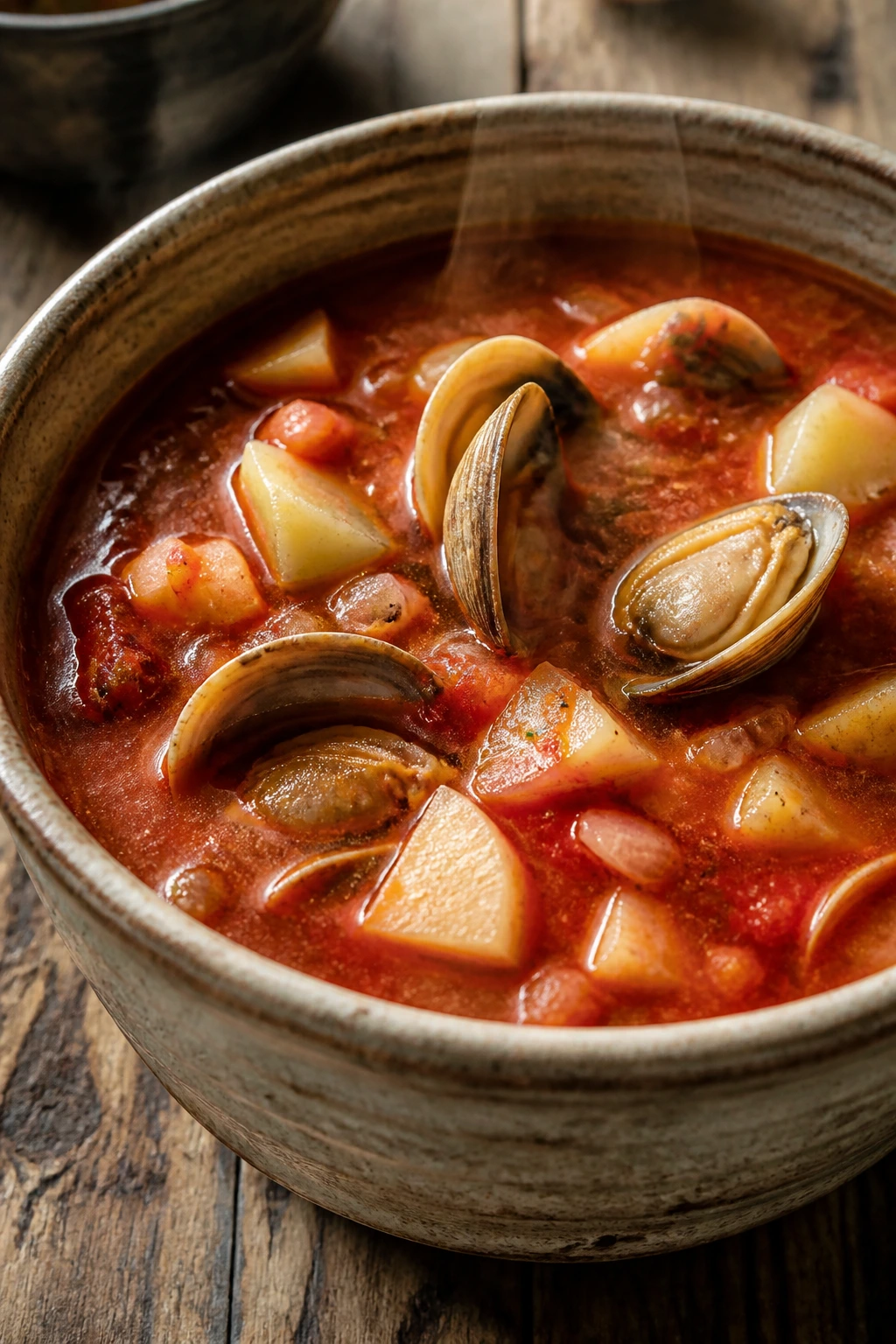 Close-up of bright red Manhattan clam chowder with clams and potatoes in a rustic bowl