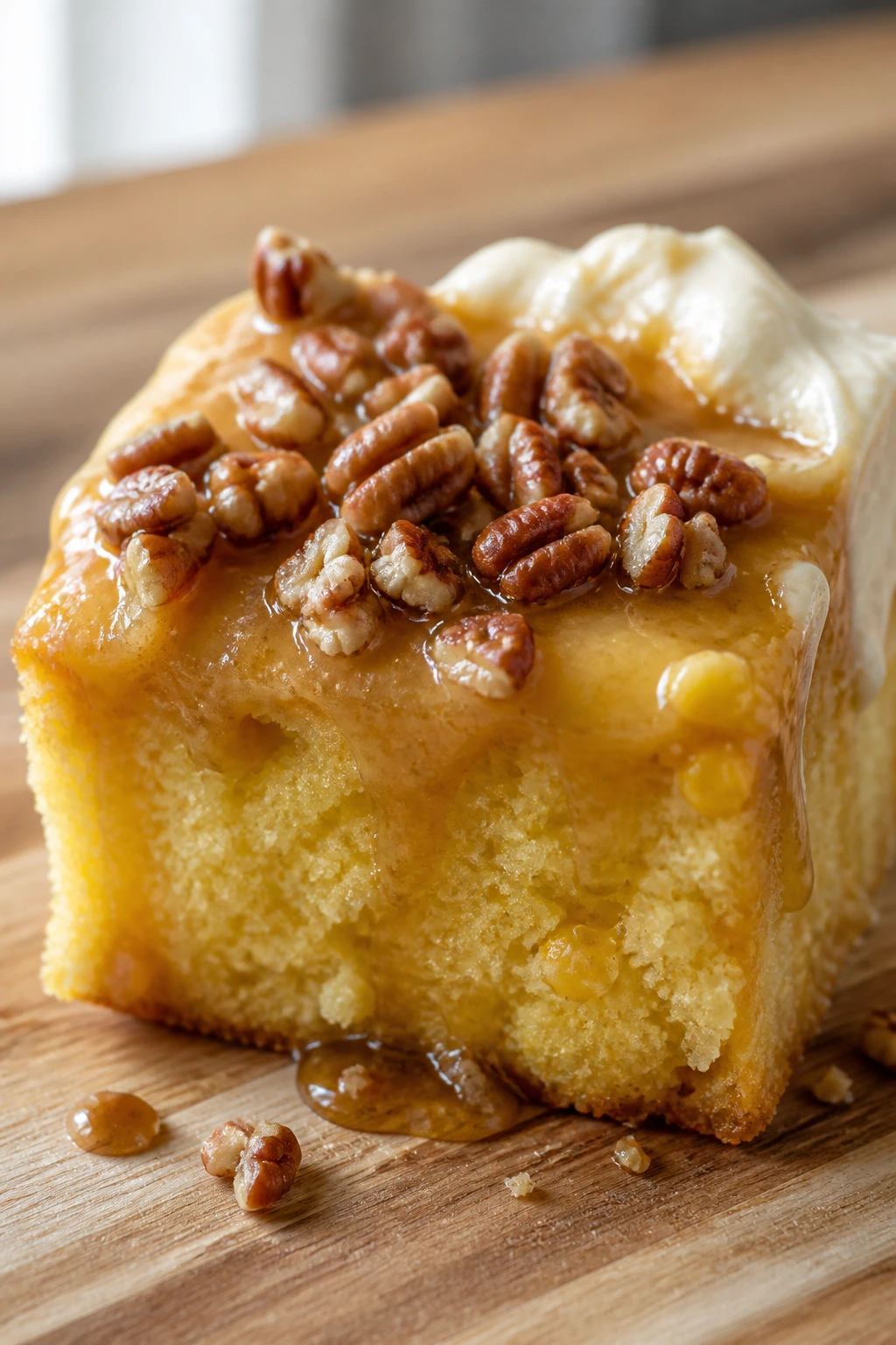 Maple-corn pudding square with pecans on a wooden surface