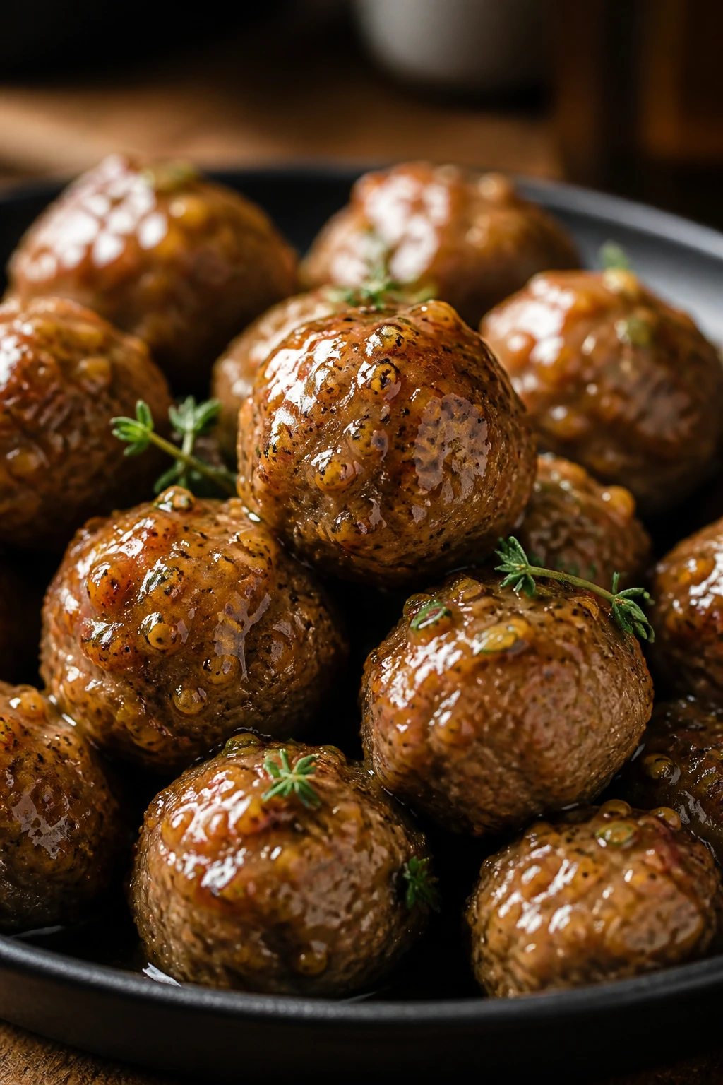 Close-up Maple Dijon Meatballs with amber glaze in a warm kitchen