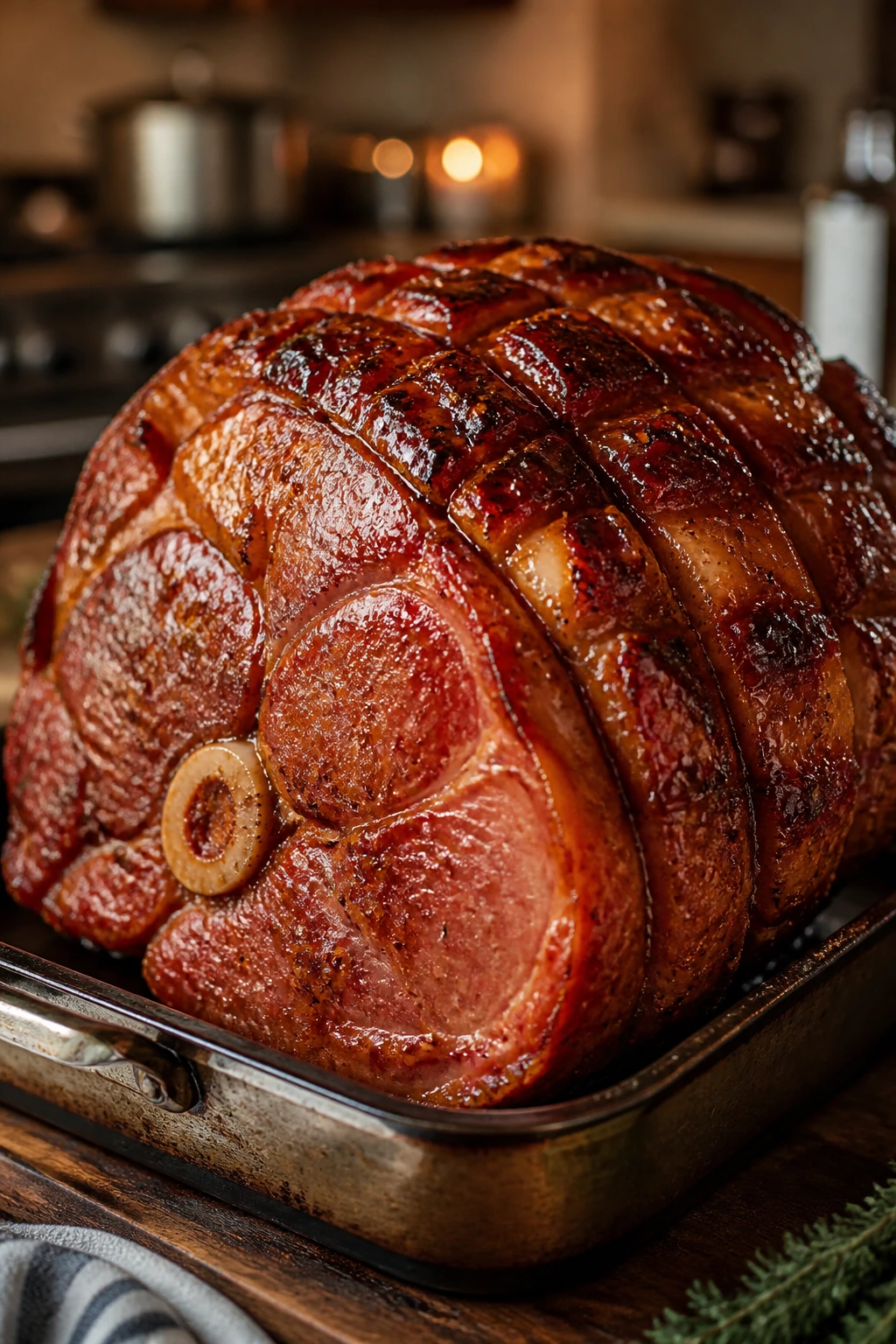 Bone-in ham with maple-Dijon glaze in a cozy kitchen