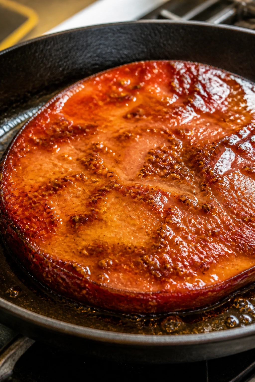 Ham steak with maple-Dijon glaze in a skillet