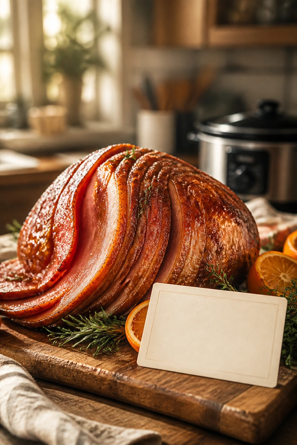 Glossy ham on a carving board with a blank recipe card beside it.