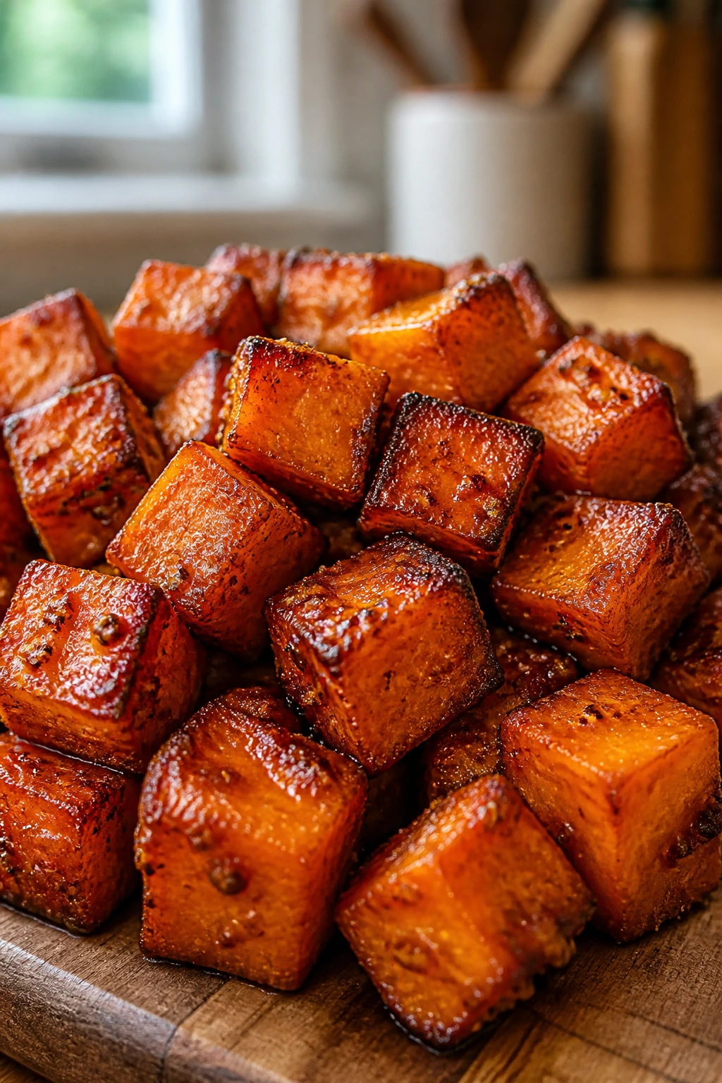 Close-up of caramelized maple-Dijon sweet potato cubes on a wooden board