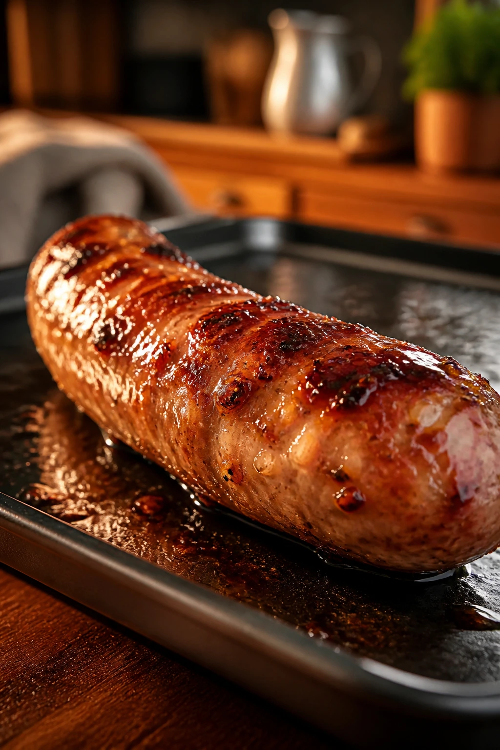 Glazed bratwurst with maple glaze close-up