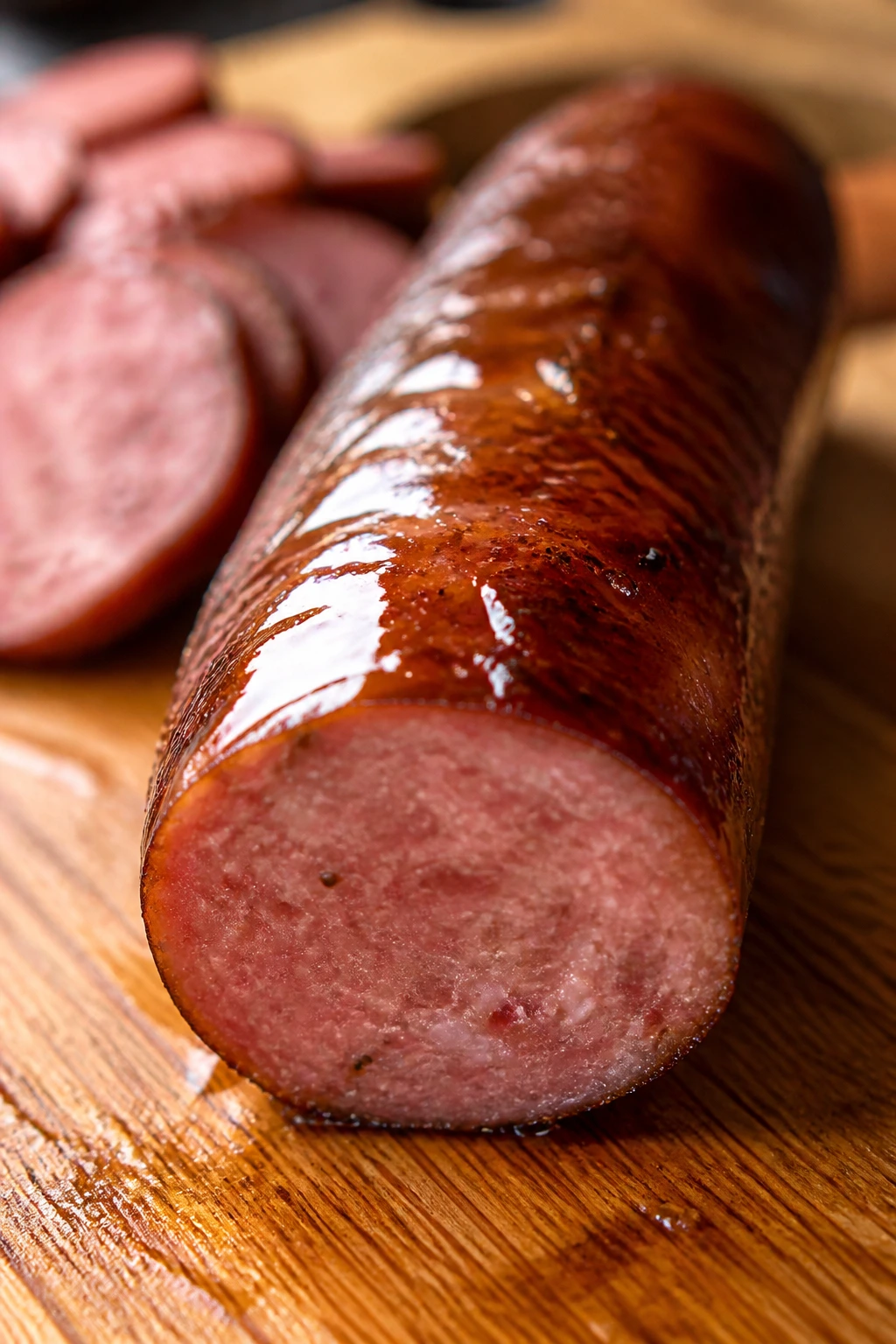Smoked sausage with a light maple glaze on the surface
