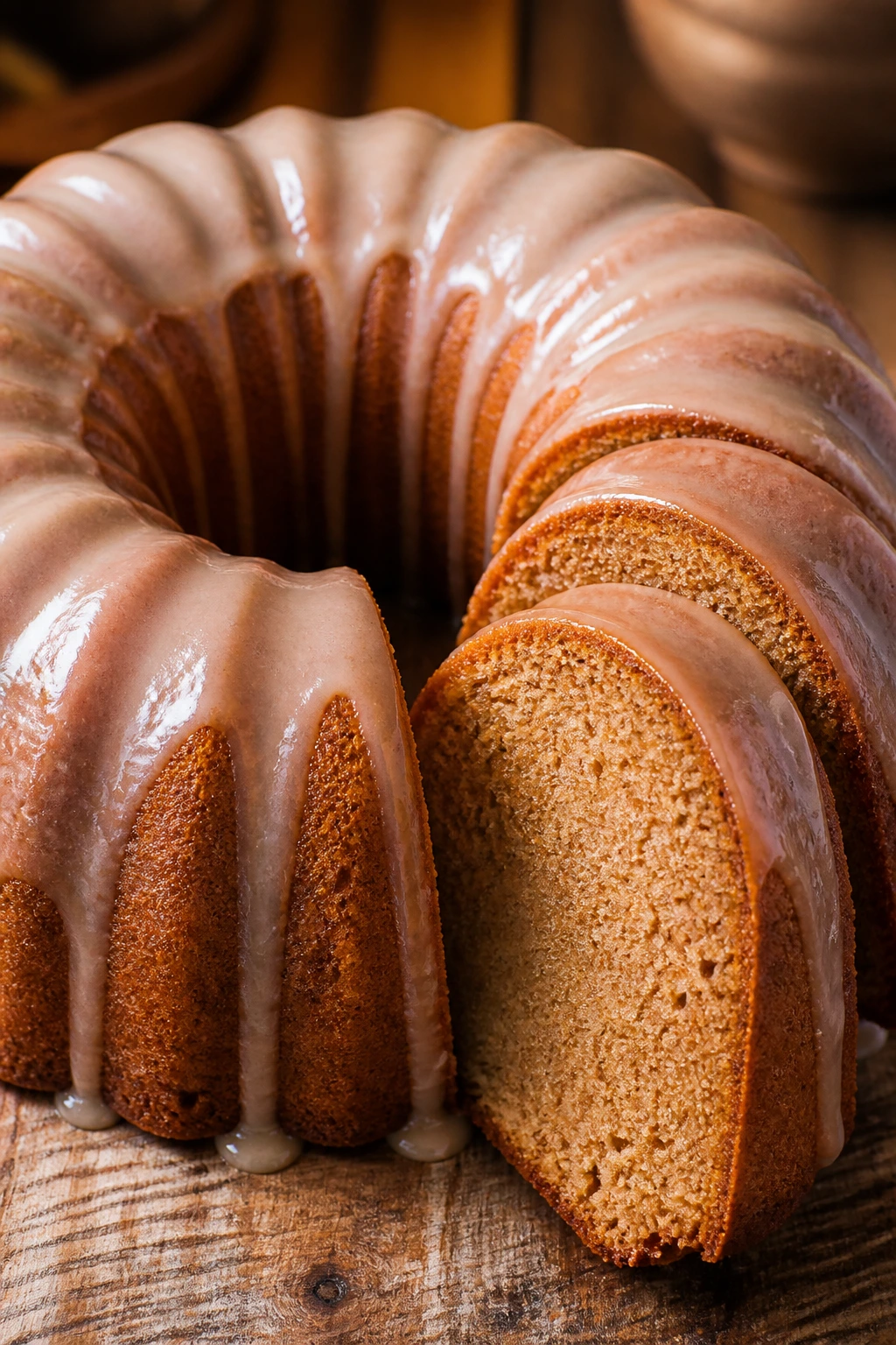 Maple glazed Bundt cake on wooden table