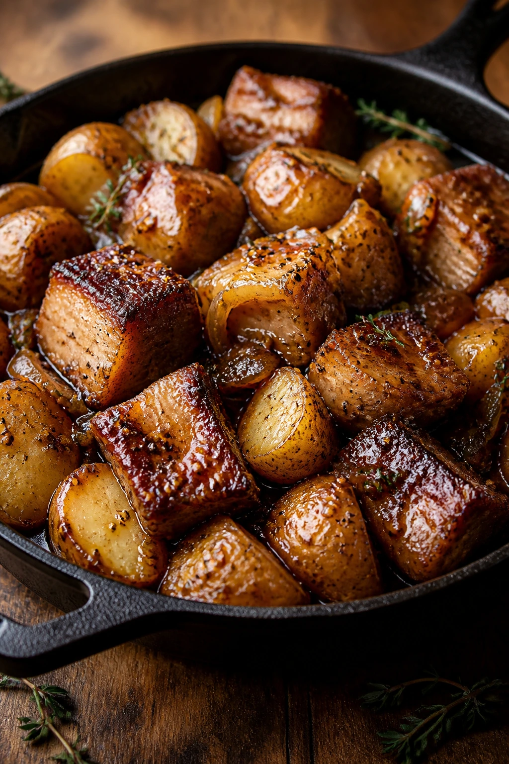 Pork belly and potatoes in maple mustard glaze in cast-iron dish