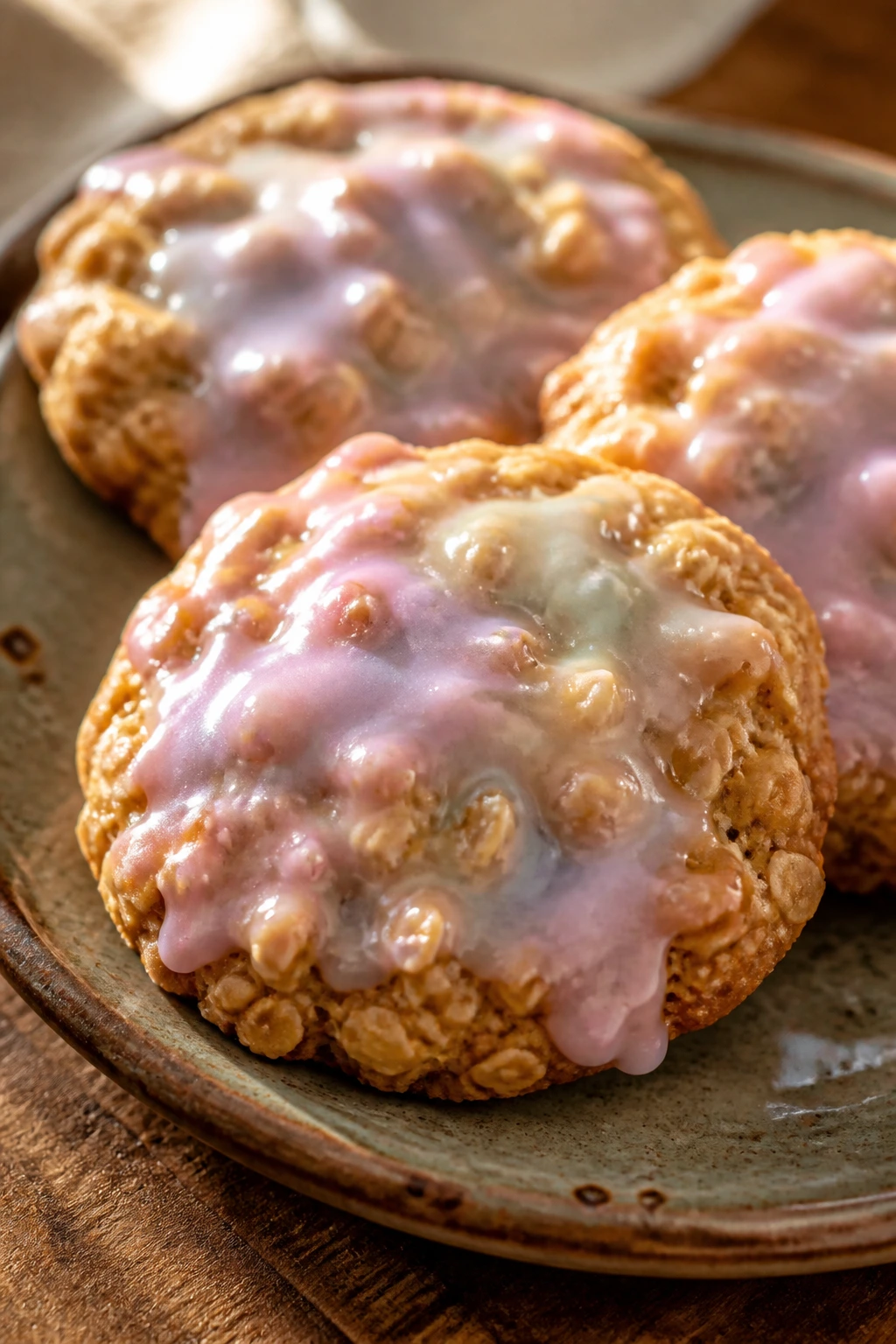 Oatmeal cookie with pastel icing on rustic plate
