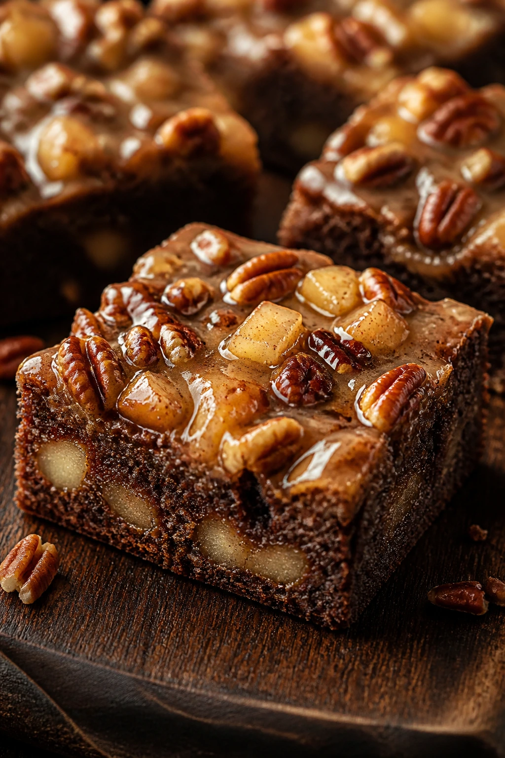 Close-up of maple pecan apple brownie square with pecans