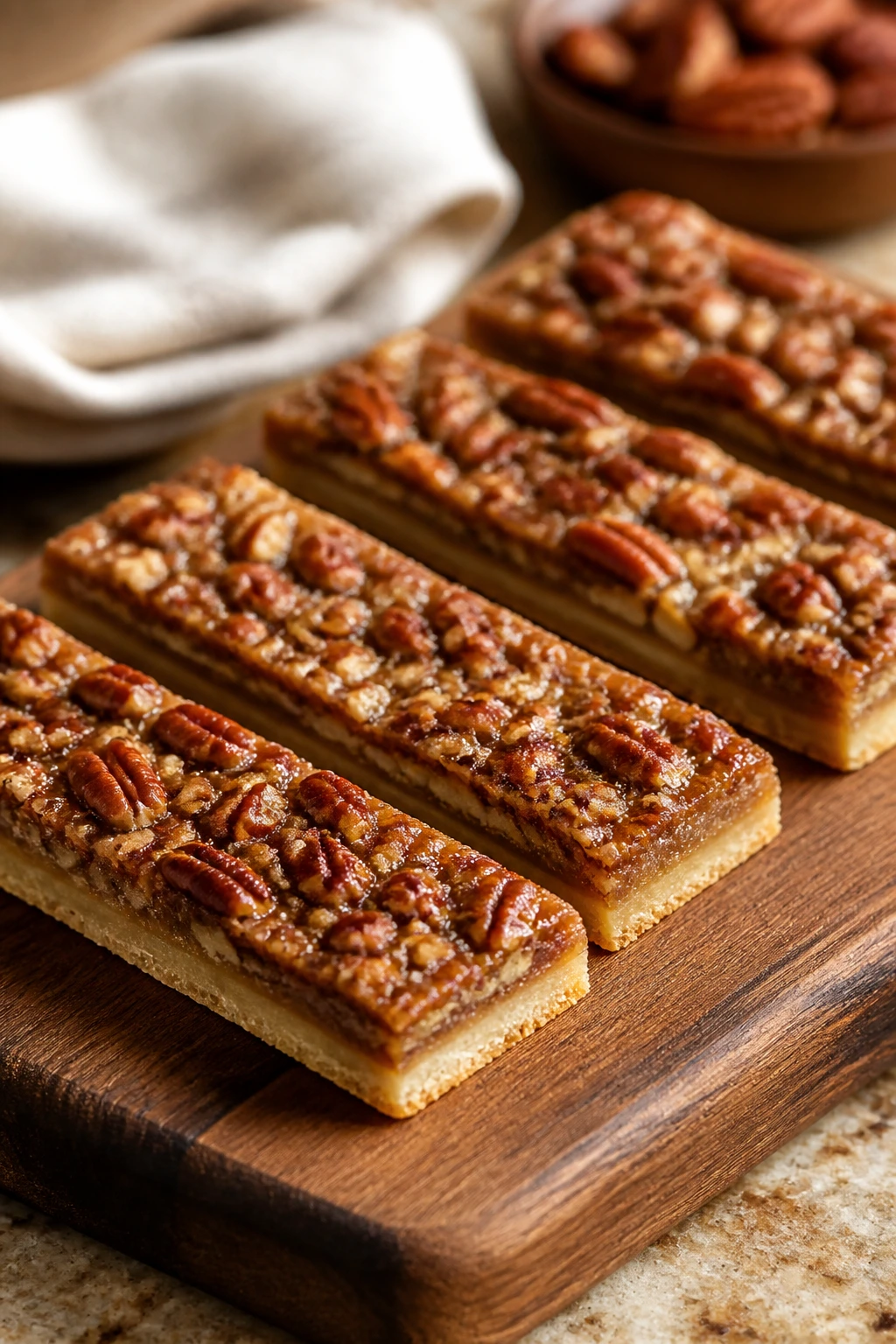 Slim maple pecan bars on a wooden board