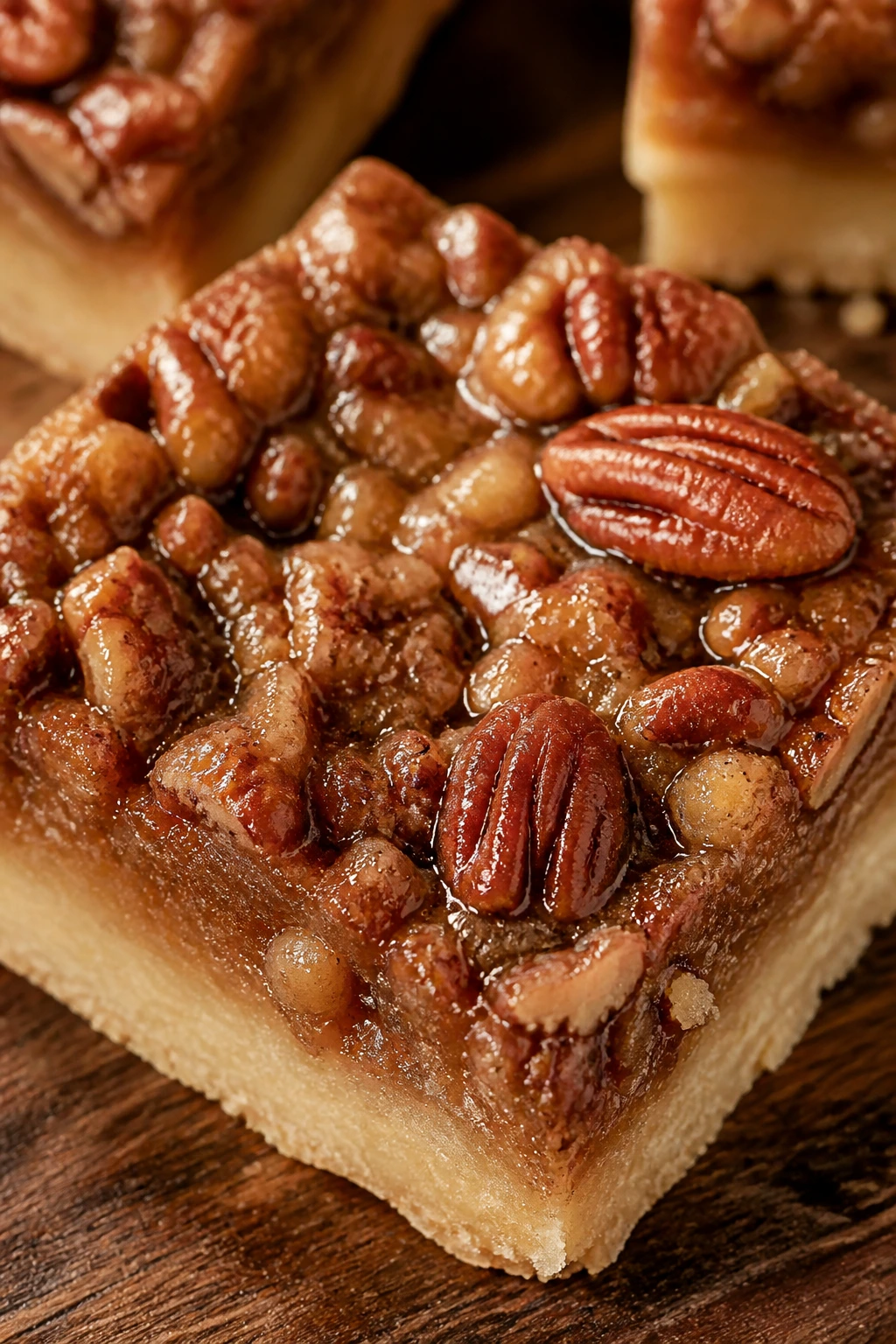 Close-up of maple pecan bars with glossy maple topping