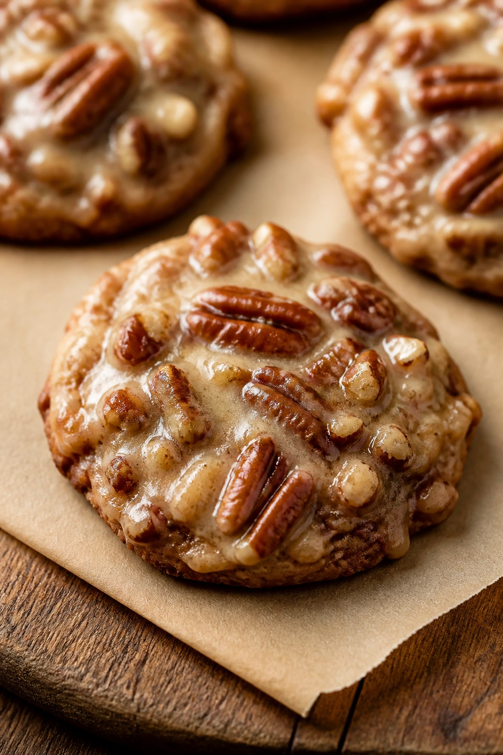 Close-up of a maple glaze pecan cookie with visible pecans on parchment on a wooden board.