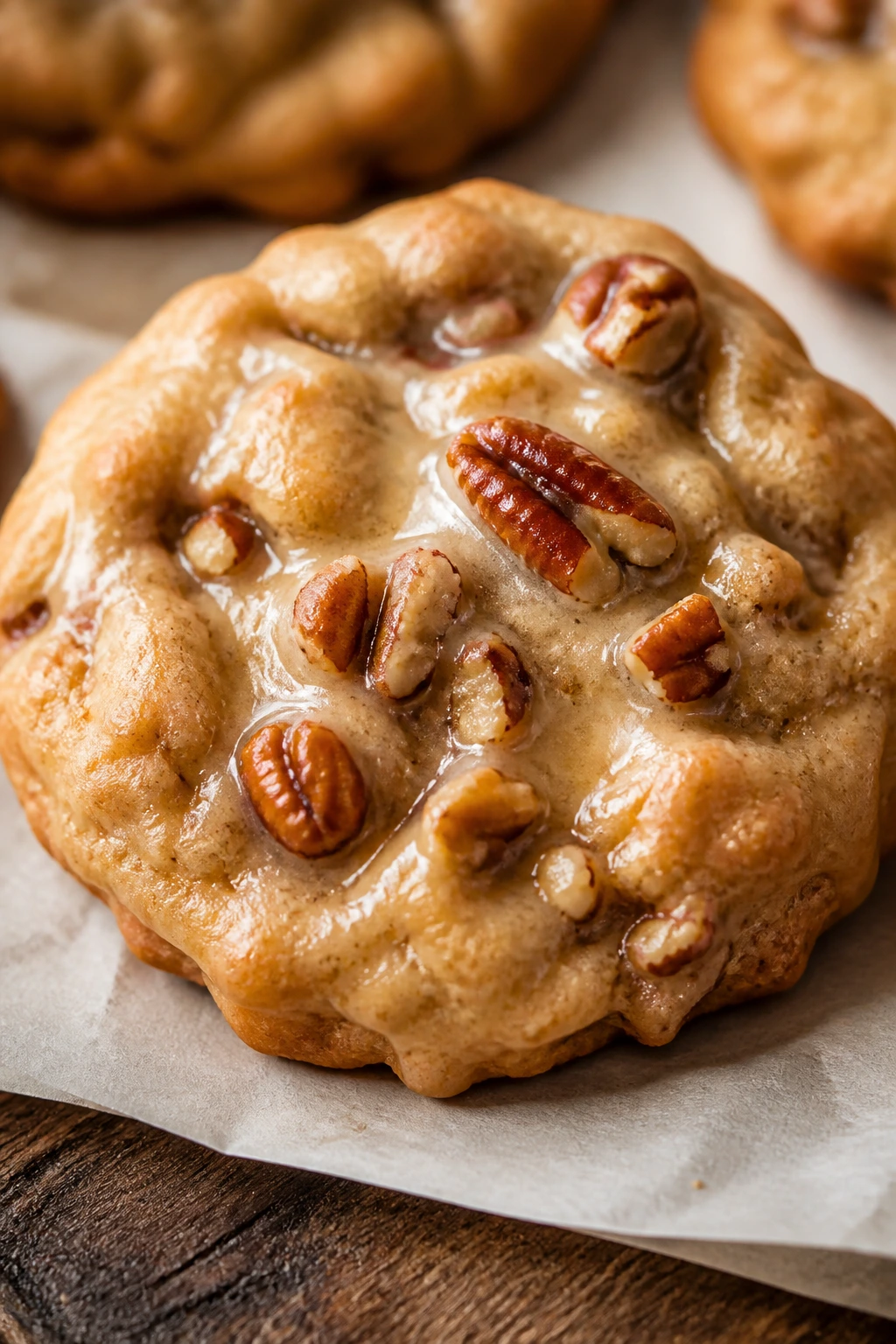 Close-up of a maple pecan cookie with pecans on parchment