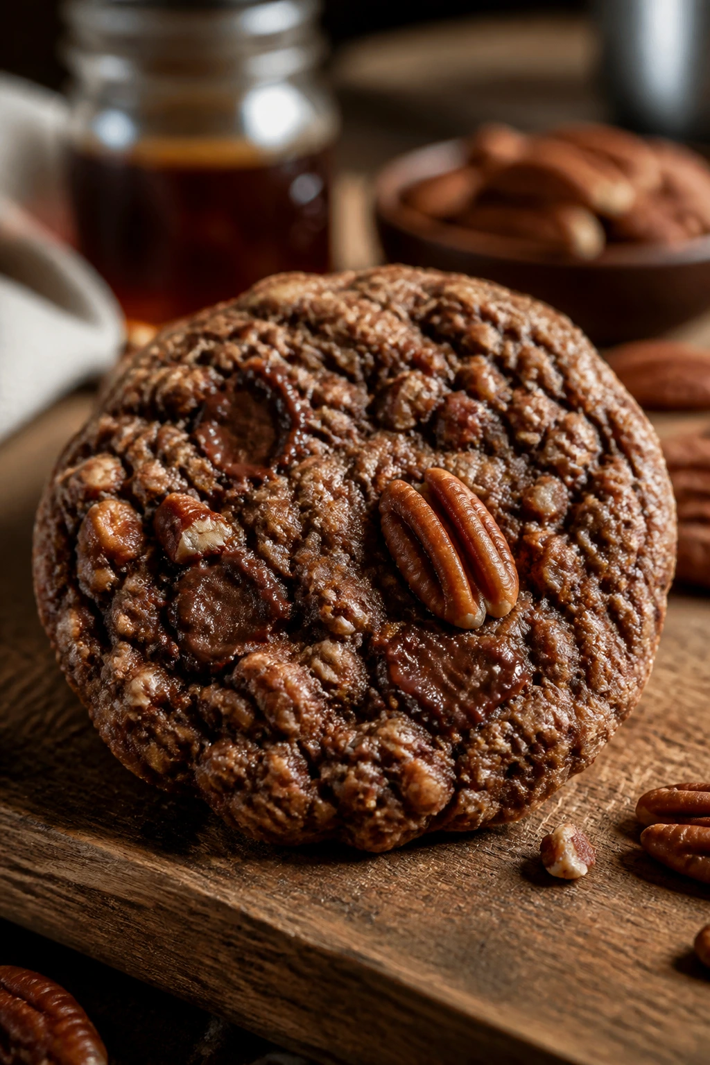 Close-up of maple pecan chocolate oatmeal cookie on wooden board