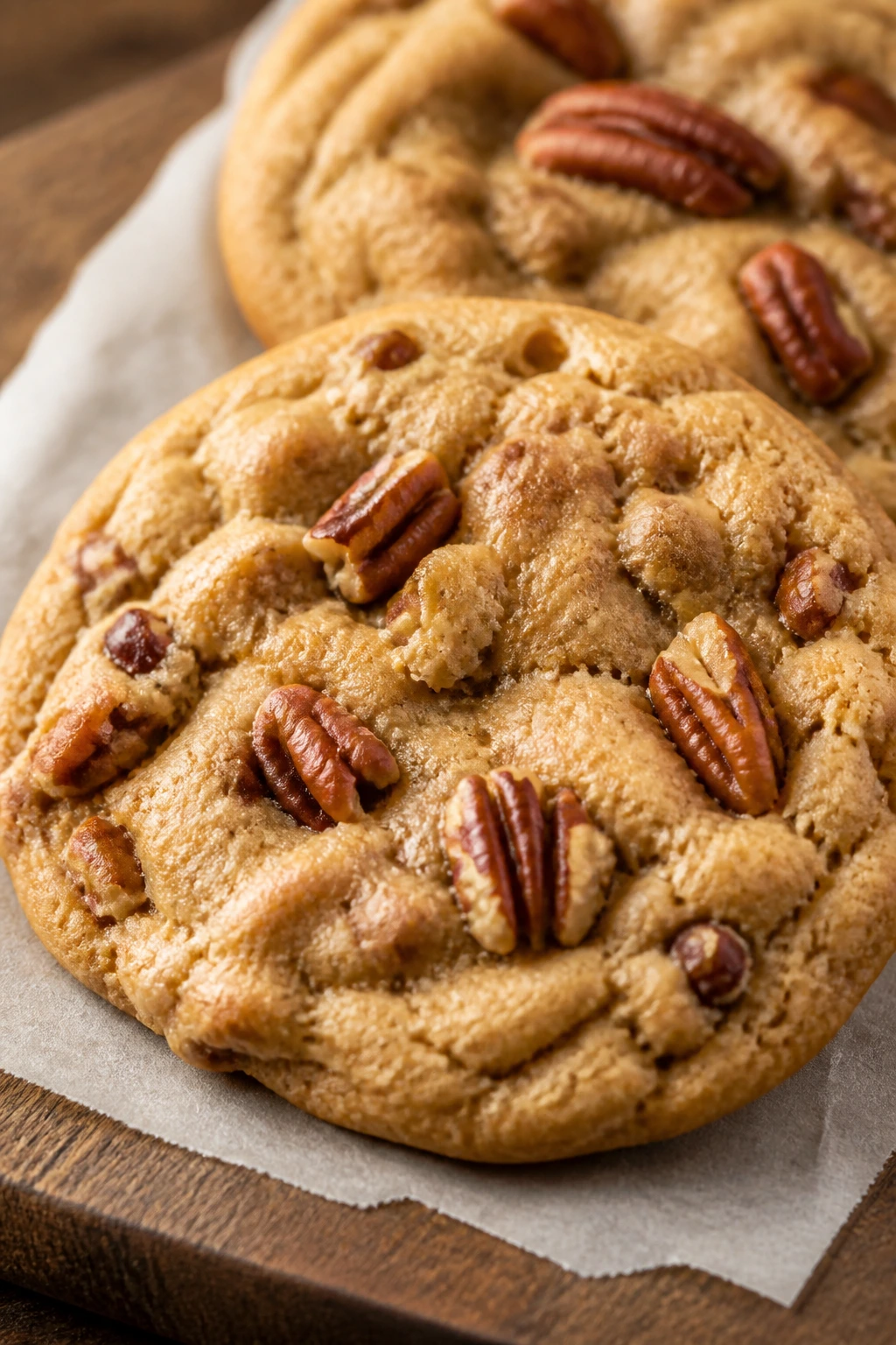 Close-up of Maple Pecan Soft Cookies with toasted pecans on a wooden board