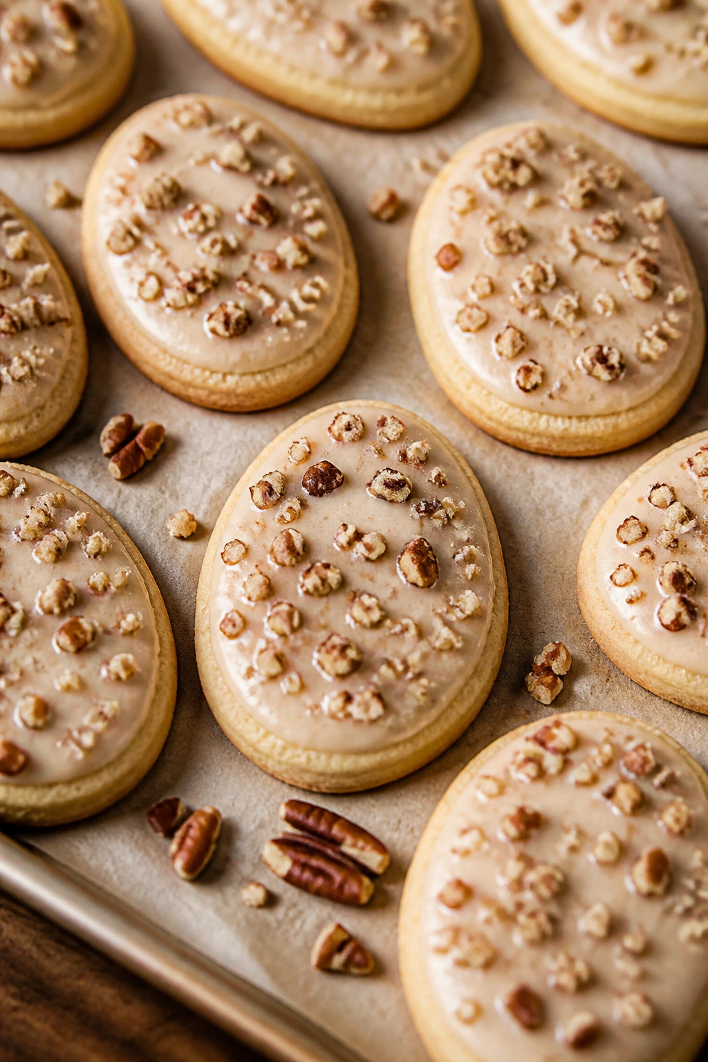 Maple-pecan cutout Easter egg cookies on parchment