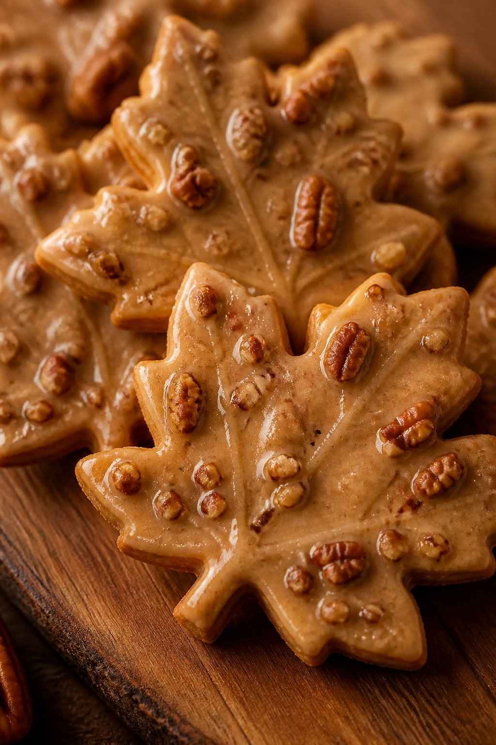 Leaf-shaped maple pecan cookies with glaze on wooden board