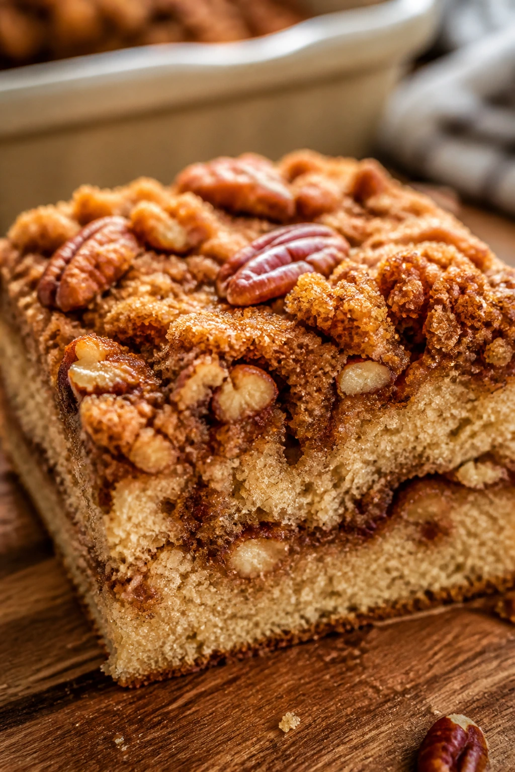 Close-up of maple pecan protein coffee cake slice on wooden counter with streusel