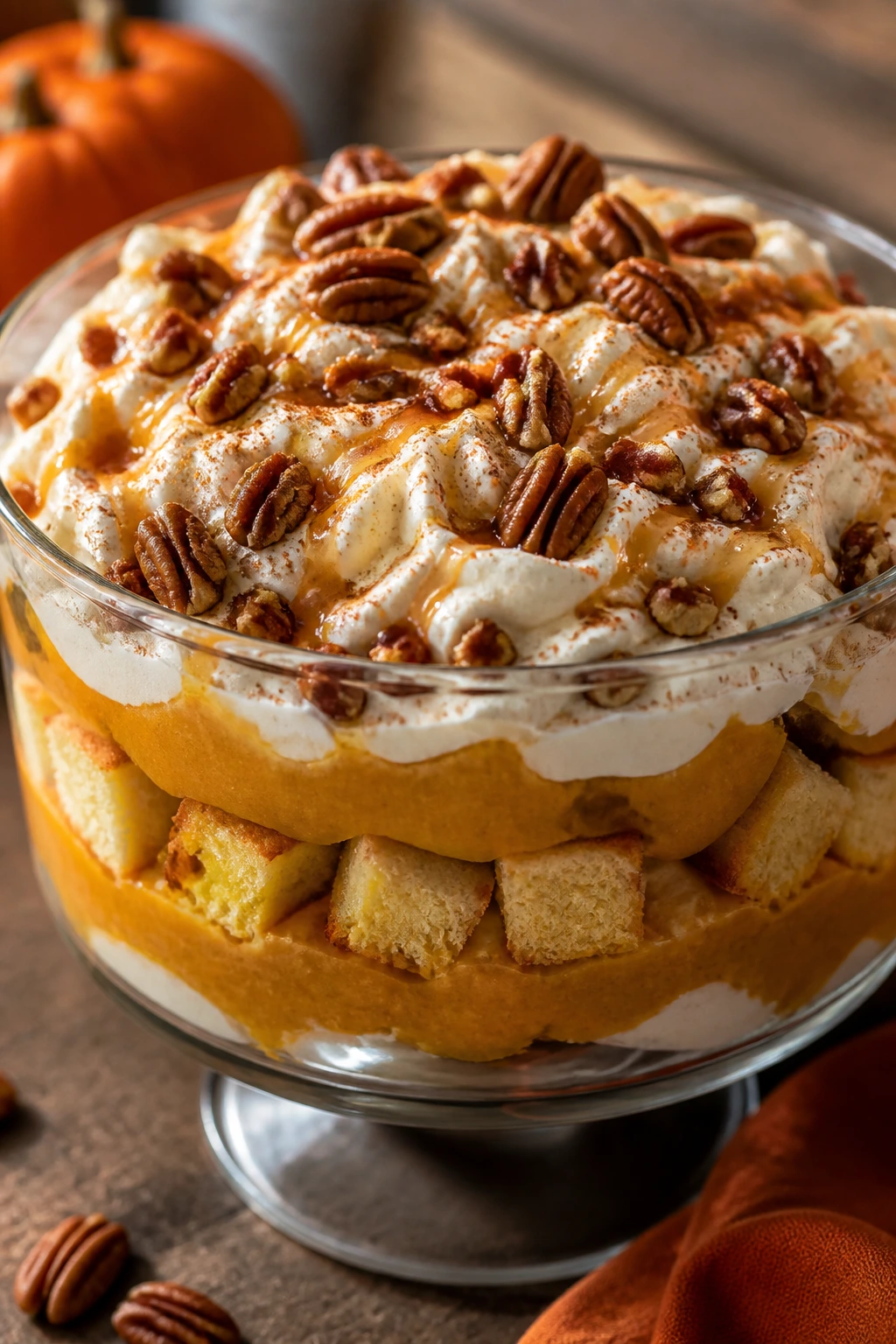 Close-up of Maple Pecan Pumpkin Trifle with pumpkin pudding and pecans in a glass bowl
