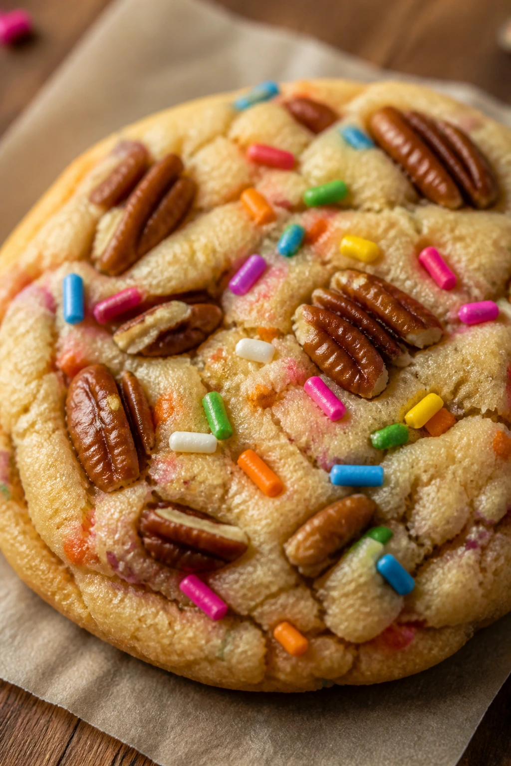 Close-up of a maple pecan rainbow cookie with pecans and sprinkles