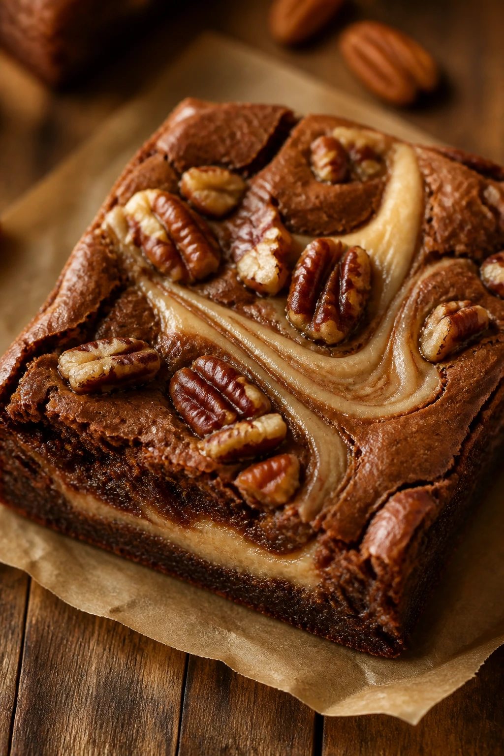Close-up of maple pecan swirl brownie with toasted pecans