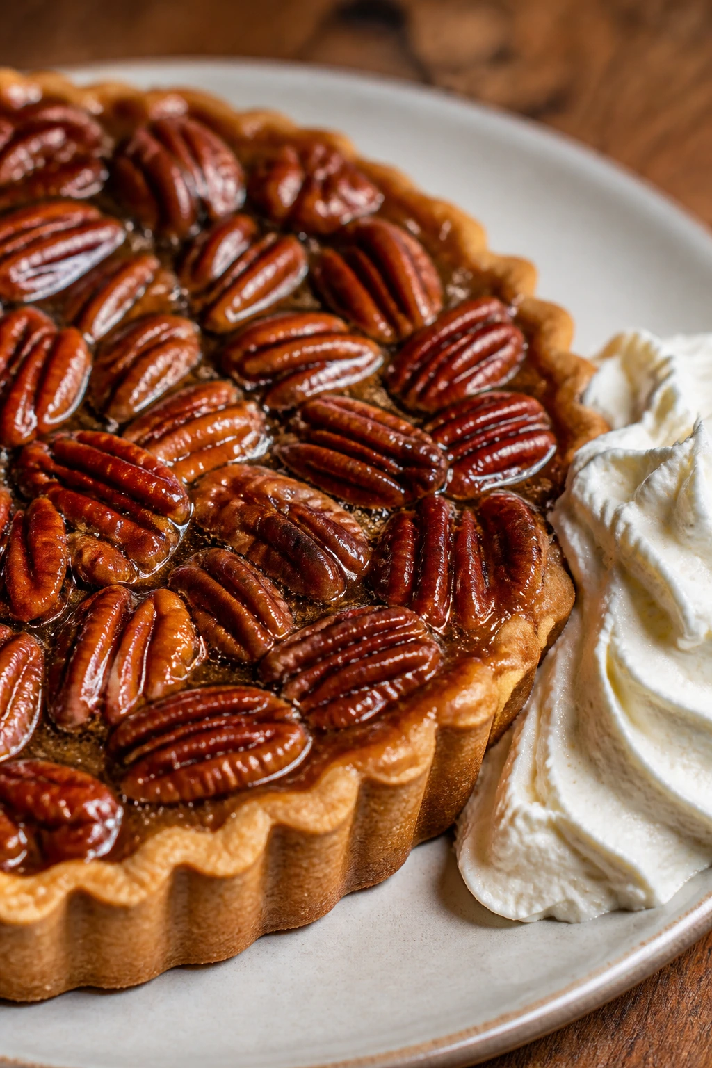 Close-up of maple pecan tart with rum whipped cream