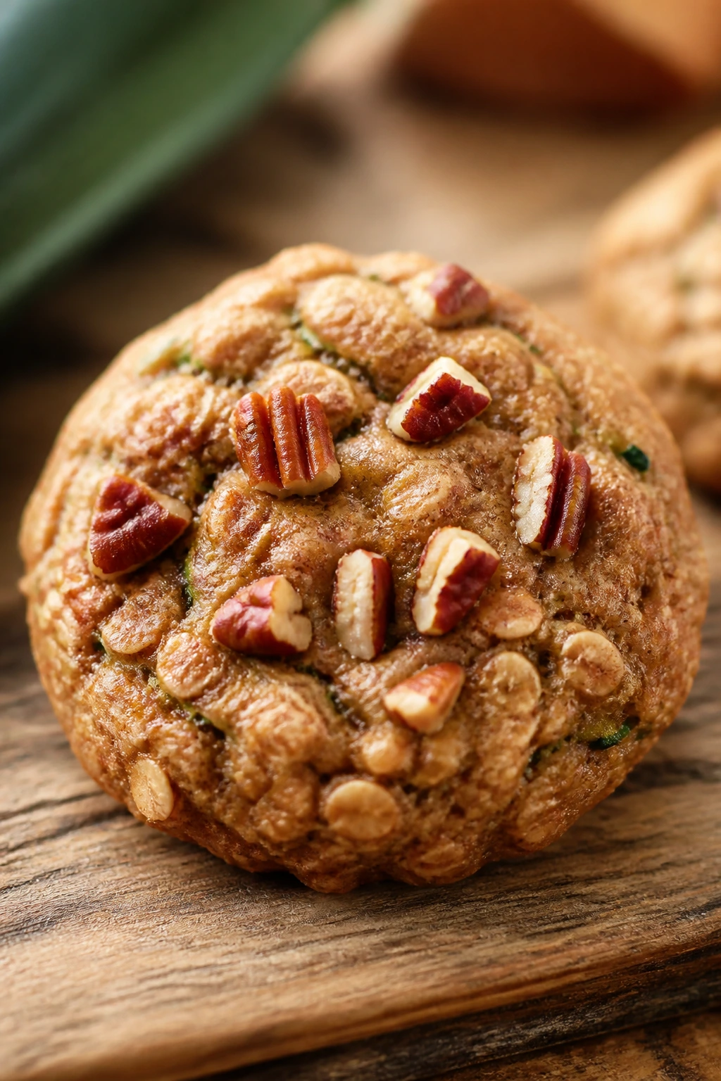 Close-up of a maple pecan zucchini oatmeal cookie on a wooden counter