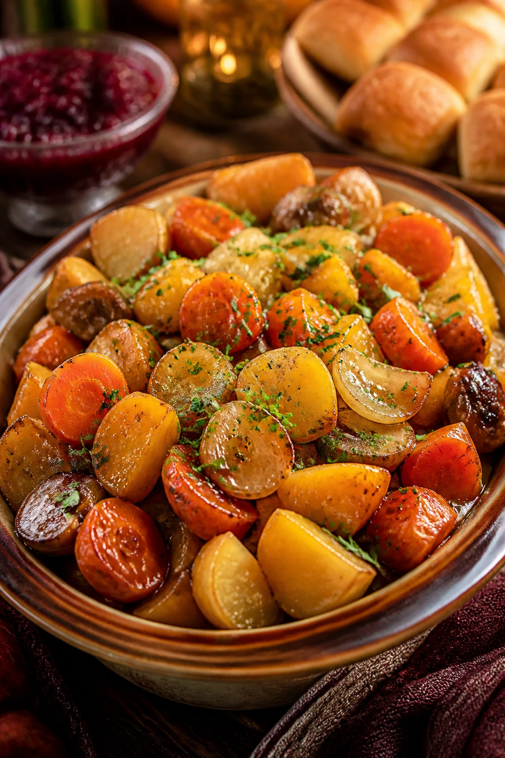 Maple-sage glazed vegetables in a warm serving dish on a festive table backdrop