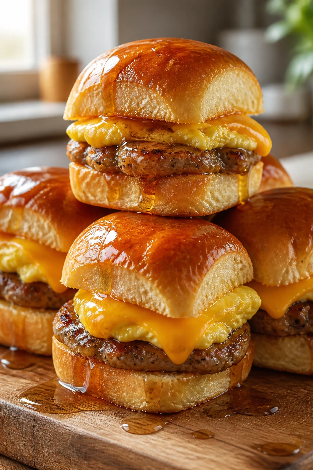 Close-up of maple sausage breakfast sliders on a wooden board in a sunlit kitchen