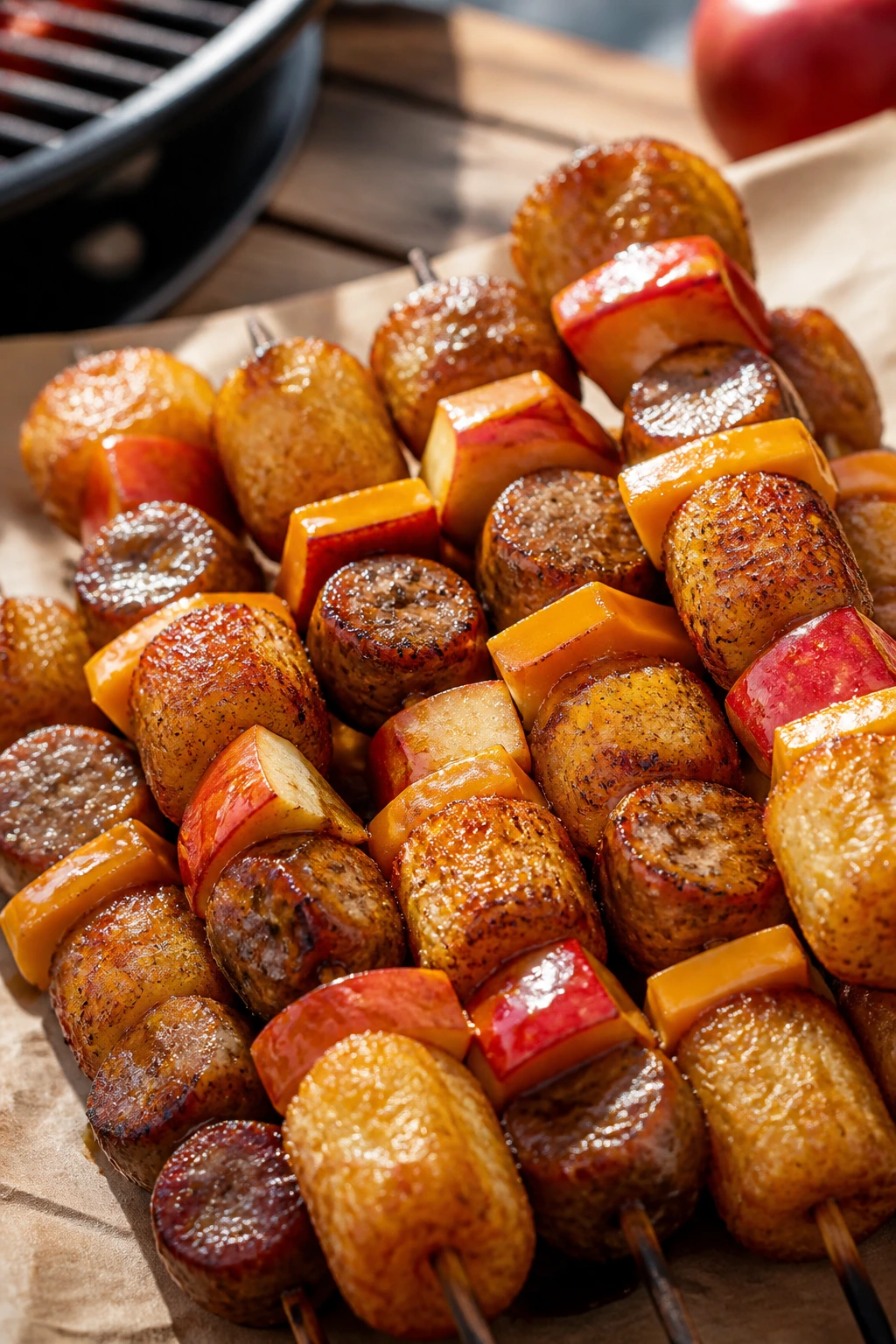 Close-up of maple sausage breakfast tater tot skewers on grill