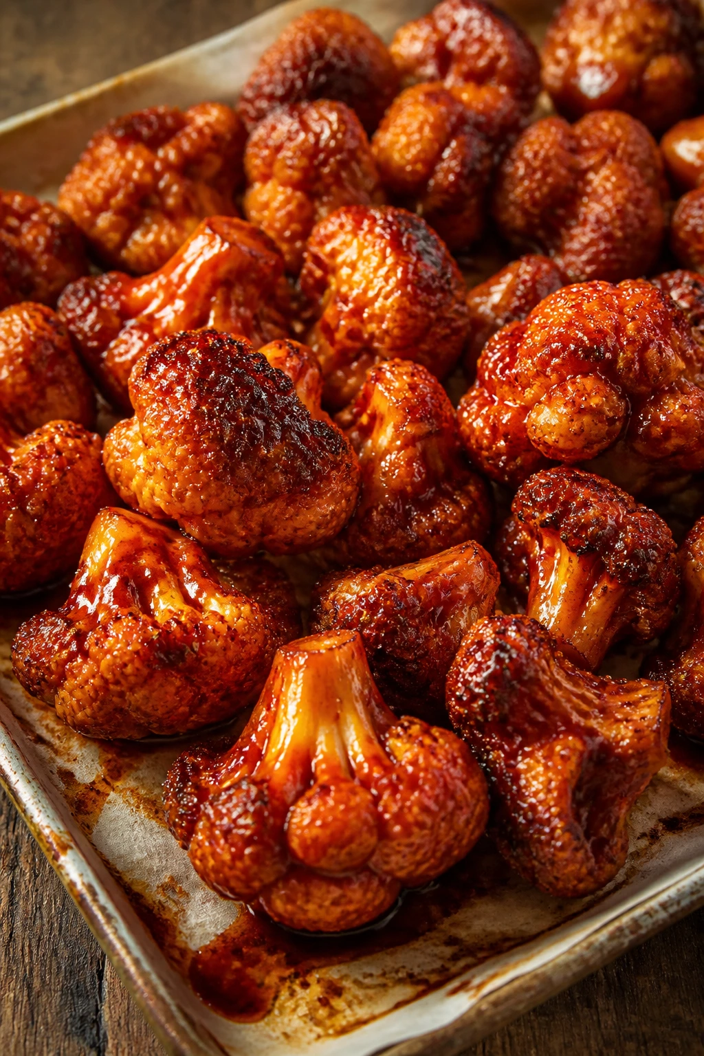 Close-up of maple-sriracha glazed cauliflower wings on parchment-lined sheet pan in a warm kitchen