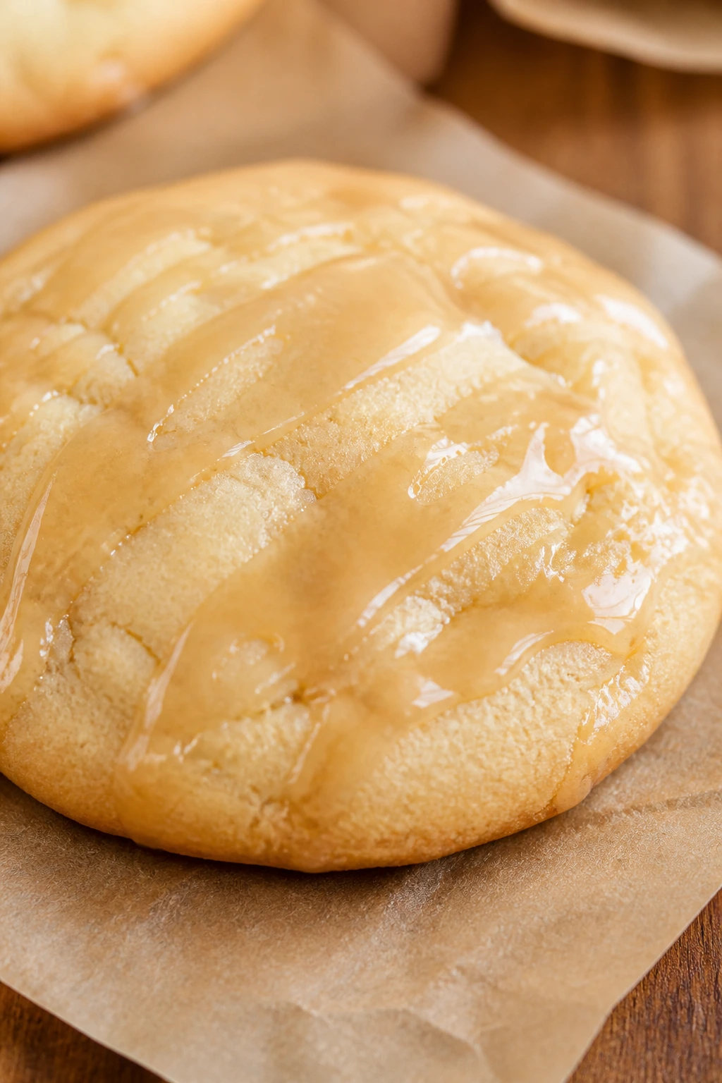 Close-up of a maple sugar cookie with a light glaze on a wooden counter