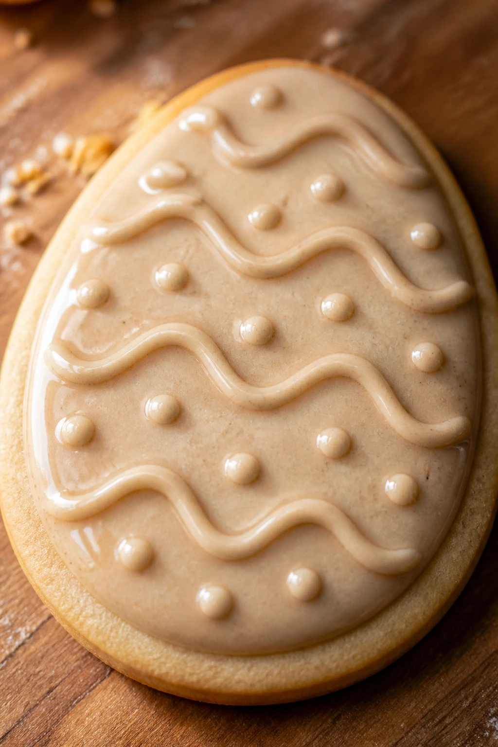 Close-up of a maple sugar Easter egg cookie with light glaze on a wooden counter