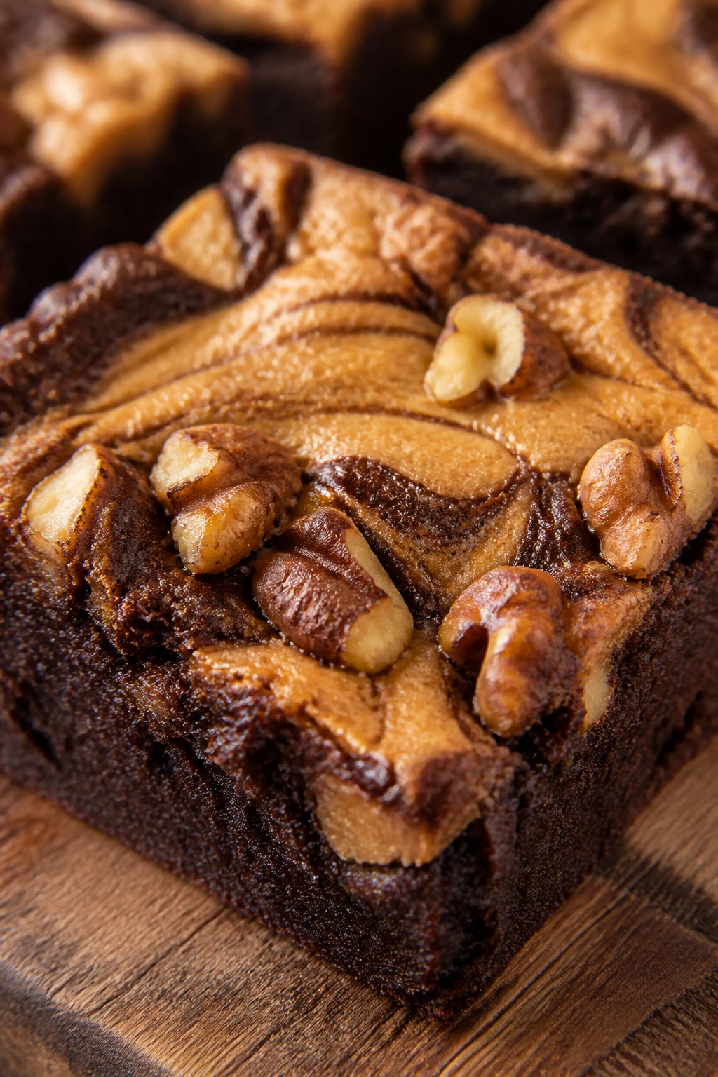 Close-up of Maple Walnut Pumpkin Swirl Brownies with walnuts and pumpkin swirl
