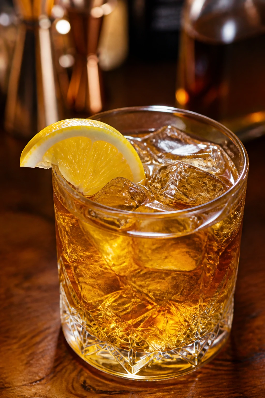 Maple Whiskey Lemon Smash in a rocks glass with lemon wedge and maple sheen.