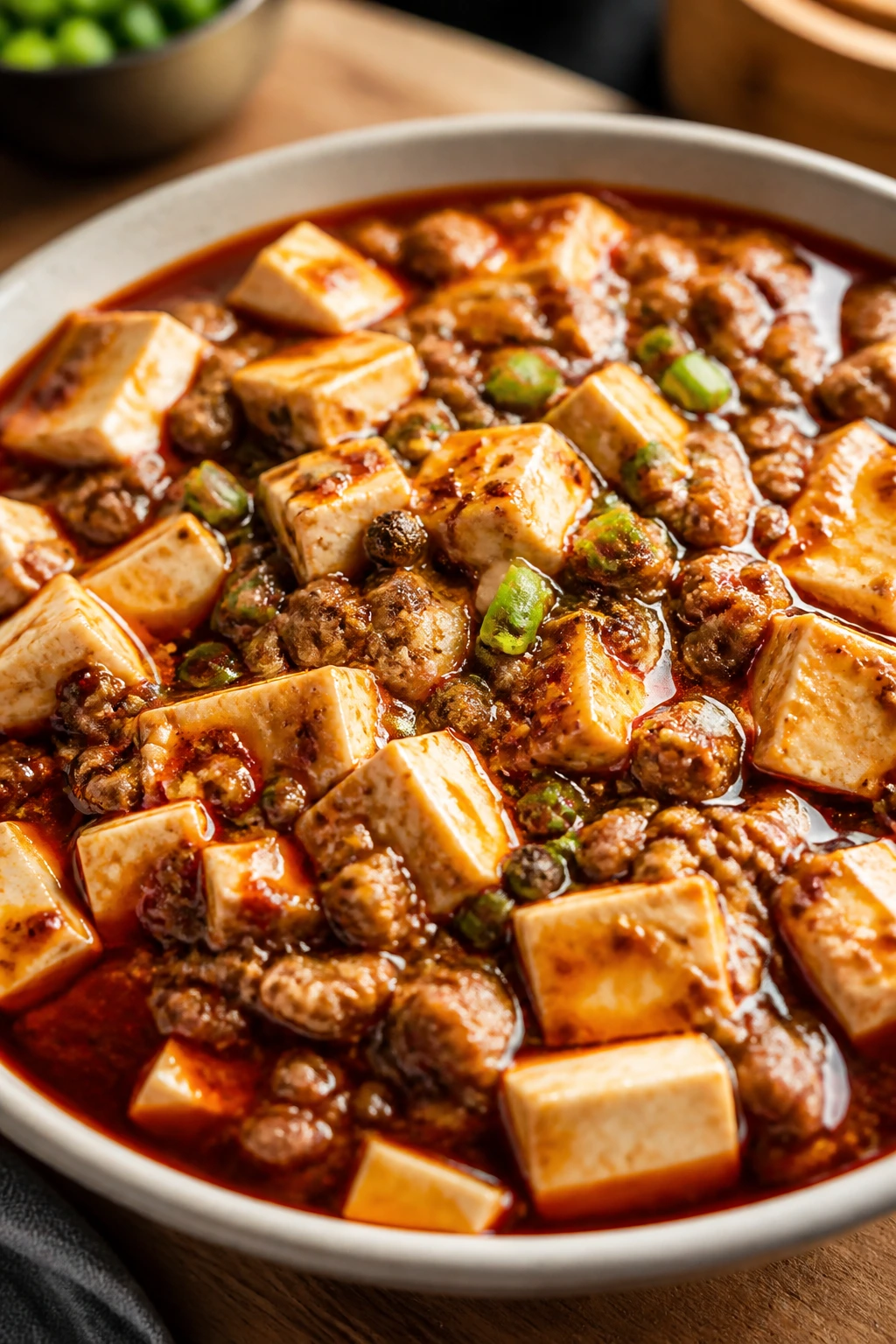 Tofu cubes in red Mapo sauce with pork and pepper