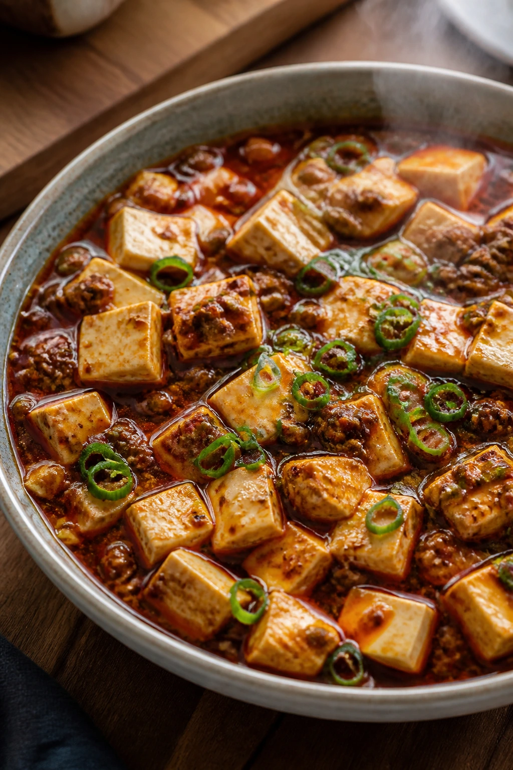 Close-up Mapo Tofu in a ceramic bowl with tofu, pork and scallions in spicy sauce