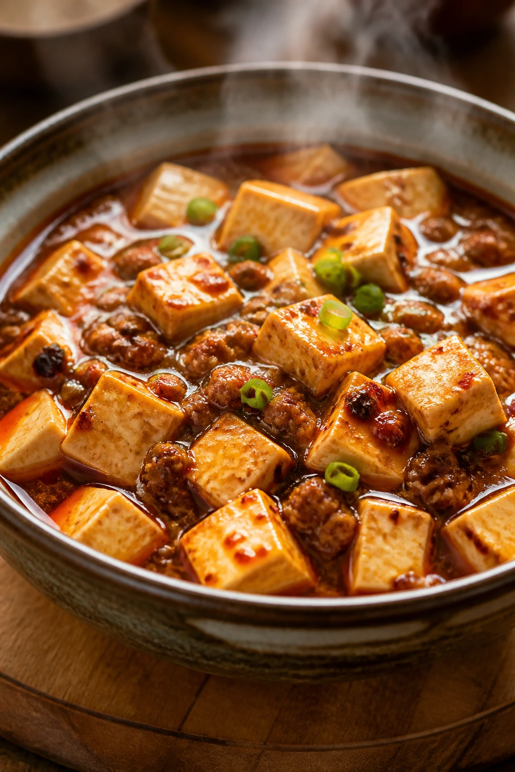 Close-up of Mapo Tofu in brick-red chili oil in a rustic bowl