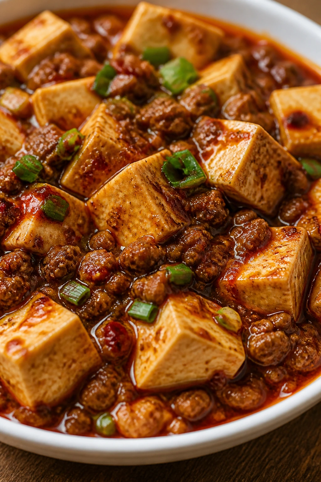 Close-up of mapo tofu in spicy red sauce on plate