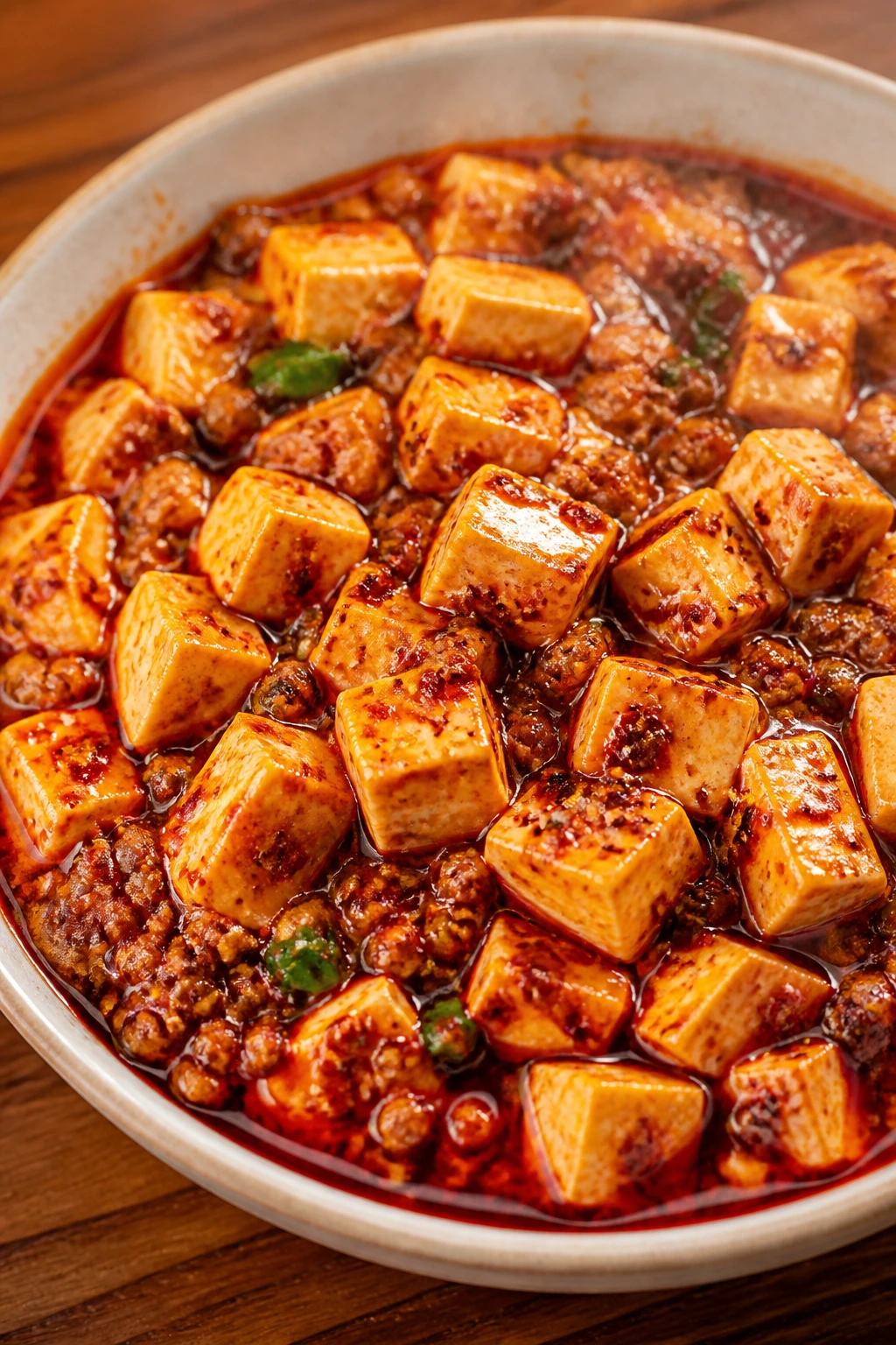 Bright red mapo tofu in a glossy sauce with tofu cubes and pork