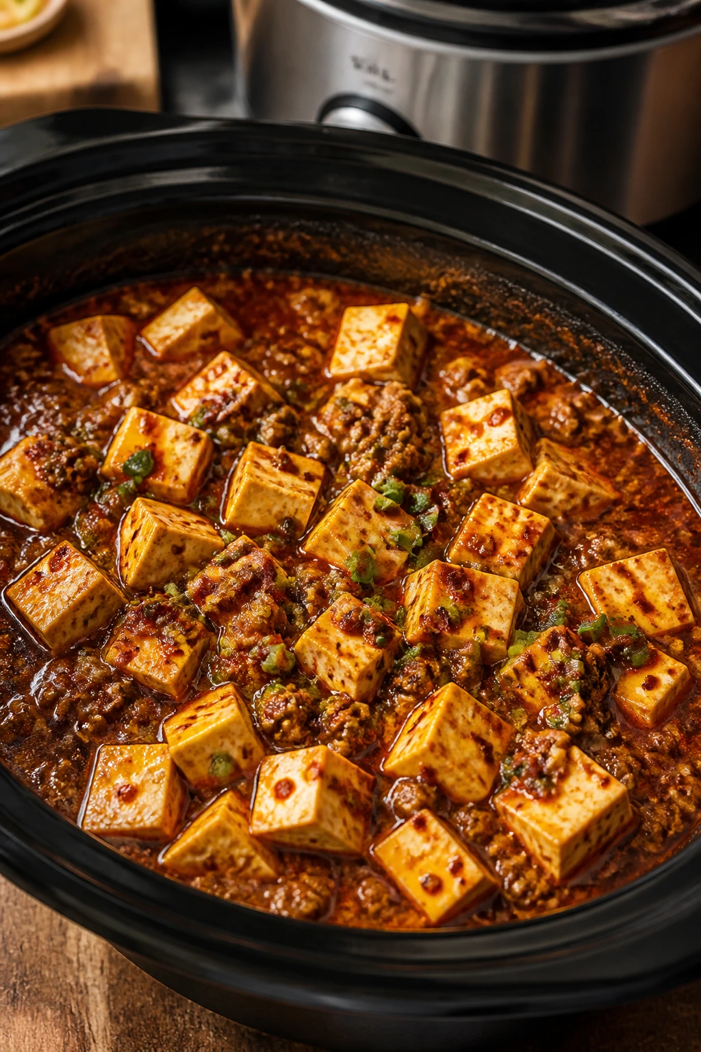 Close-up of Crockpot Mapo Tofu in red chili sauce with tofu cubes