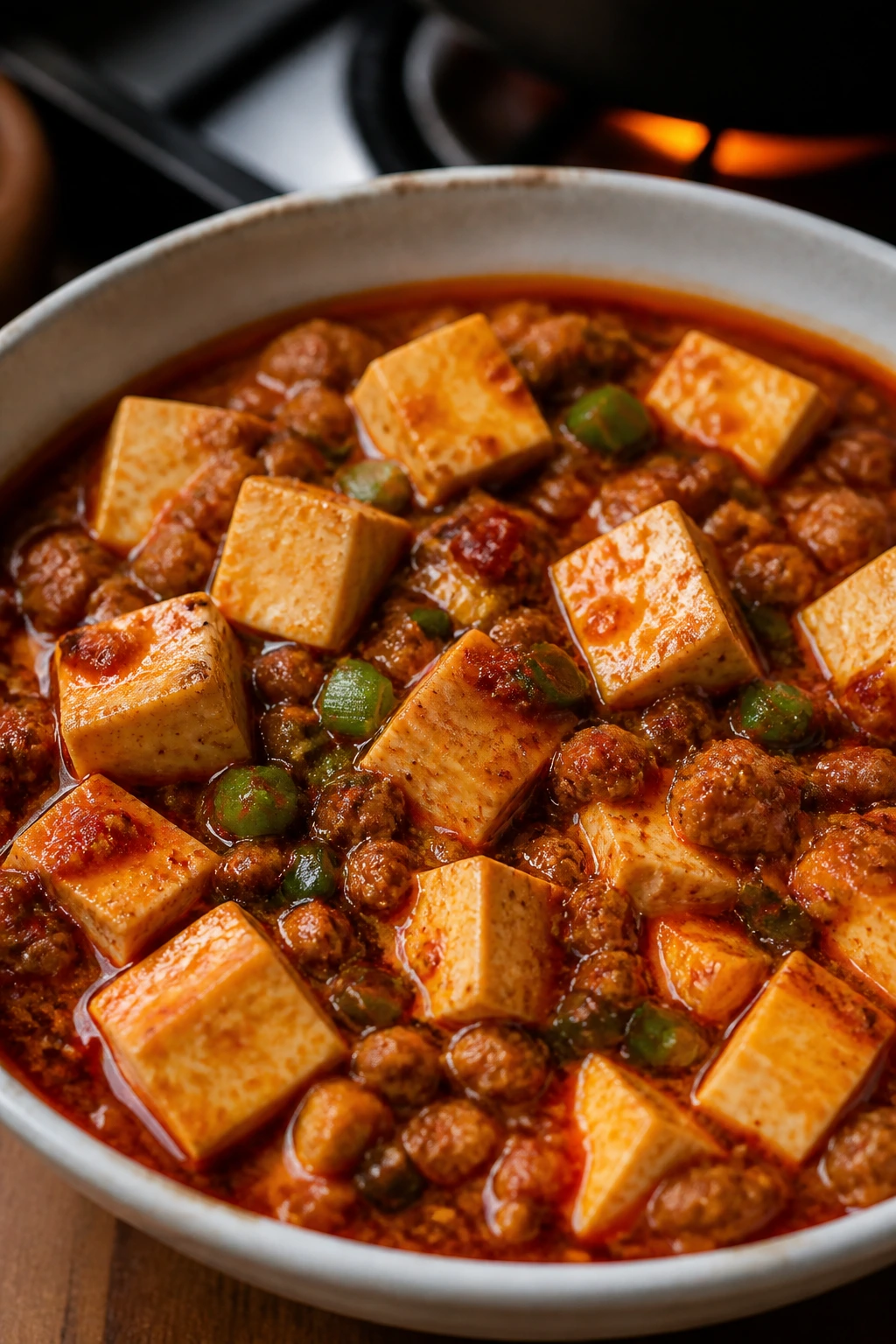 Mapo tofu with ground pork in red sauce in a bowl