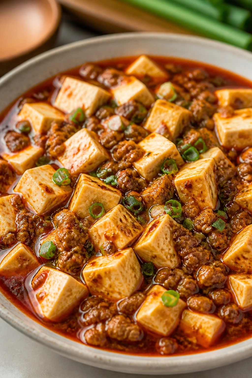 Close-up of mapo tofu with ground pork in a red sauce